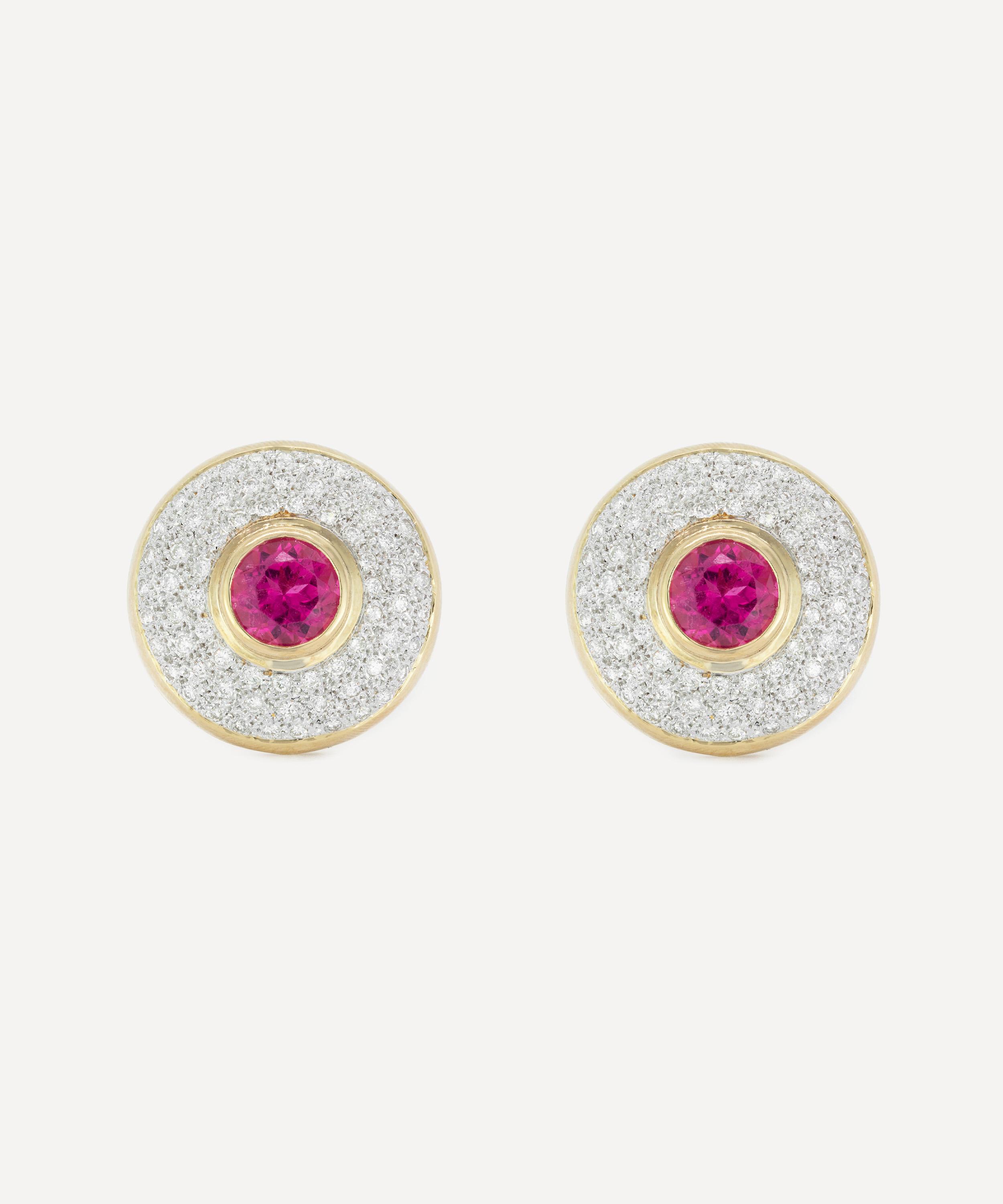 Kojis - 14ct Gold Rubellite Tourmaline and Diamond Disc Stud Earrings image number 0