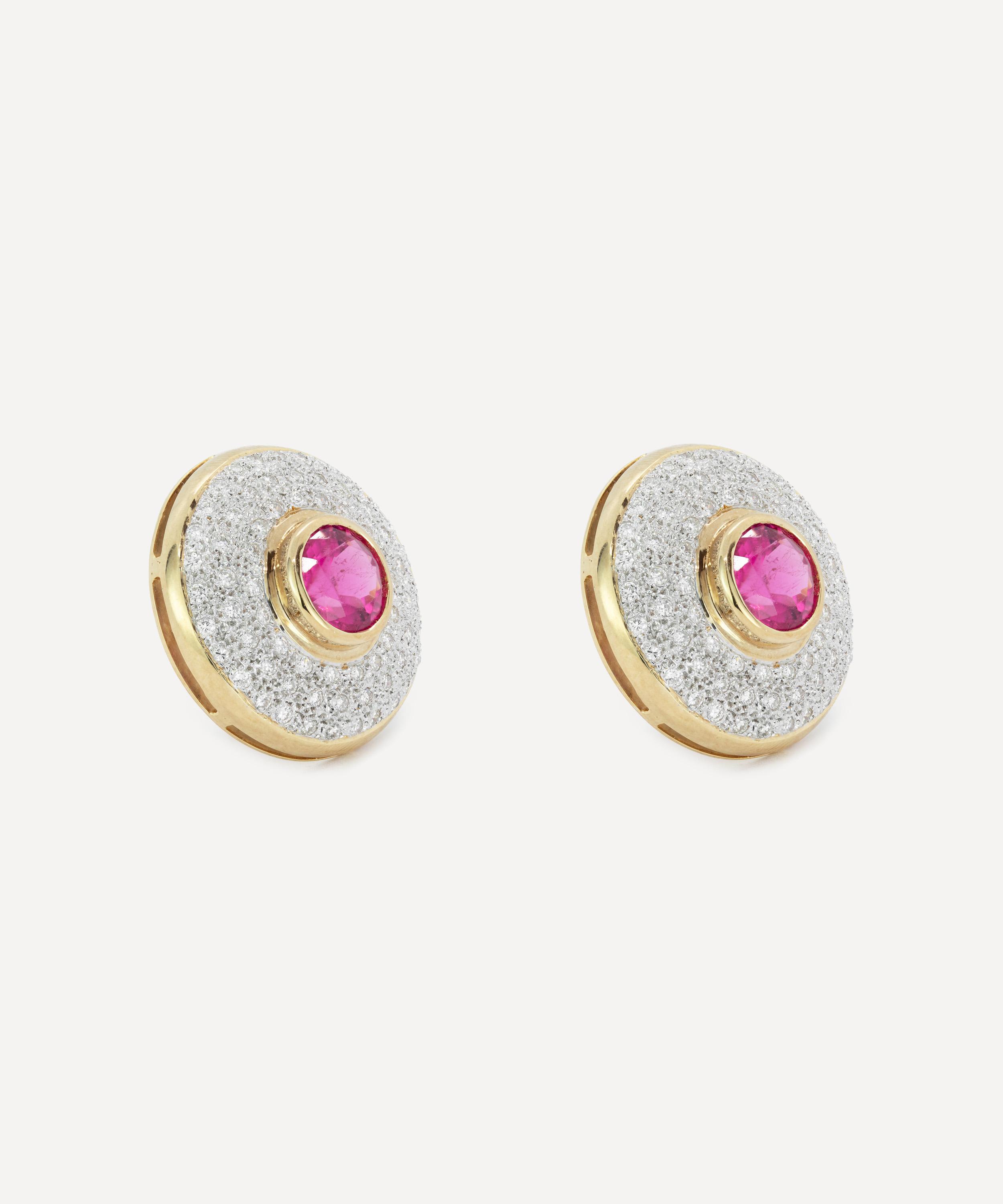 Kojis - 14ct Gold Rubellite Tourmaline and Diamond Disc Stud Earrings image number 1