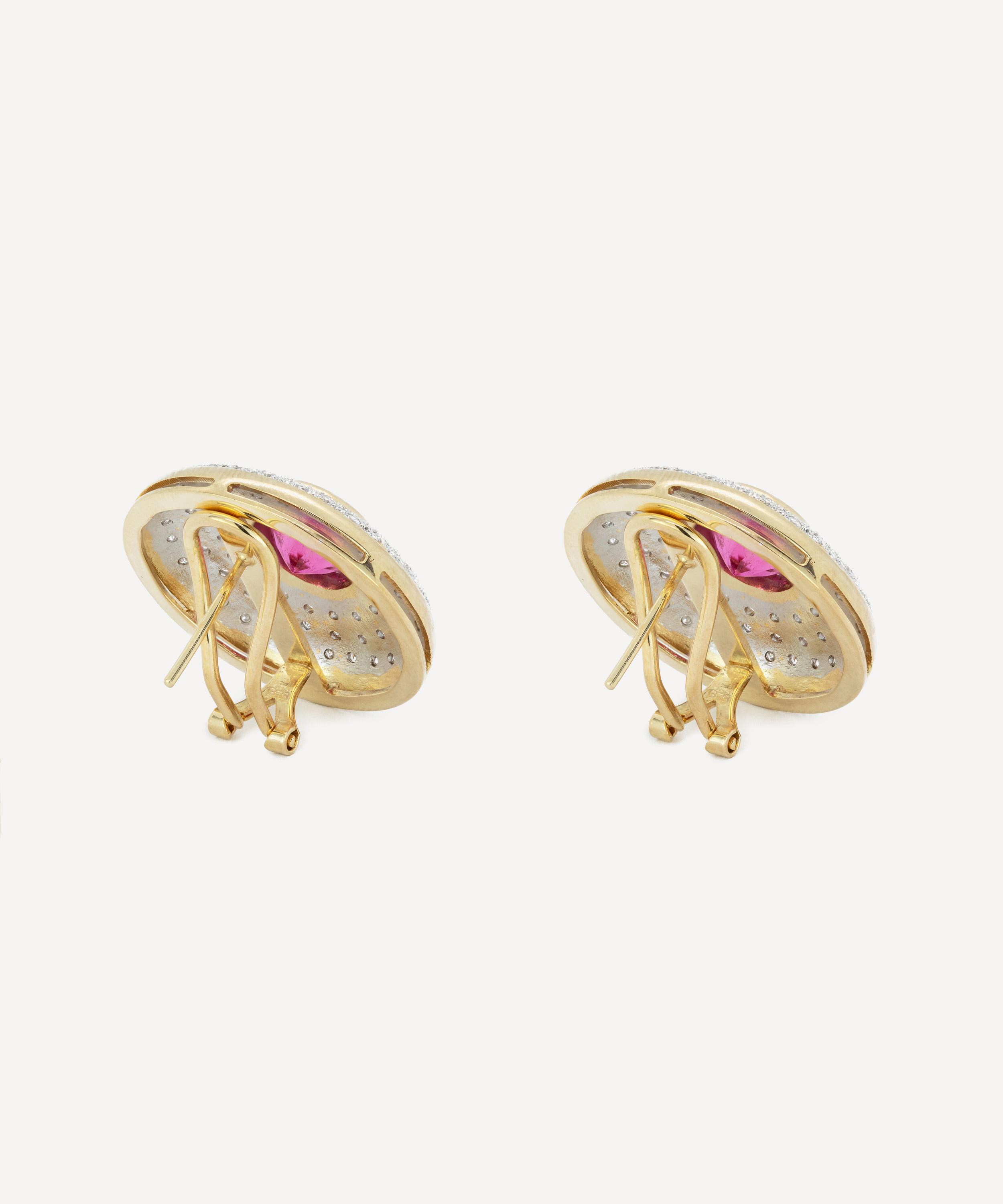 Kojis - 14ct Gold Rubellite Tourmaline and Diamond Disc Stud Earrings image number 2