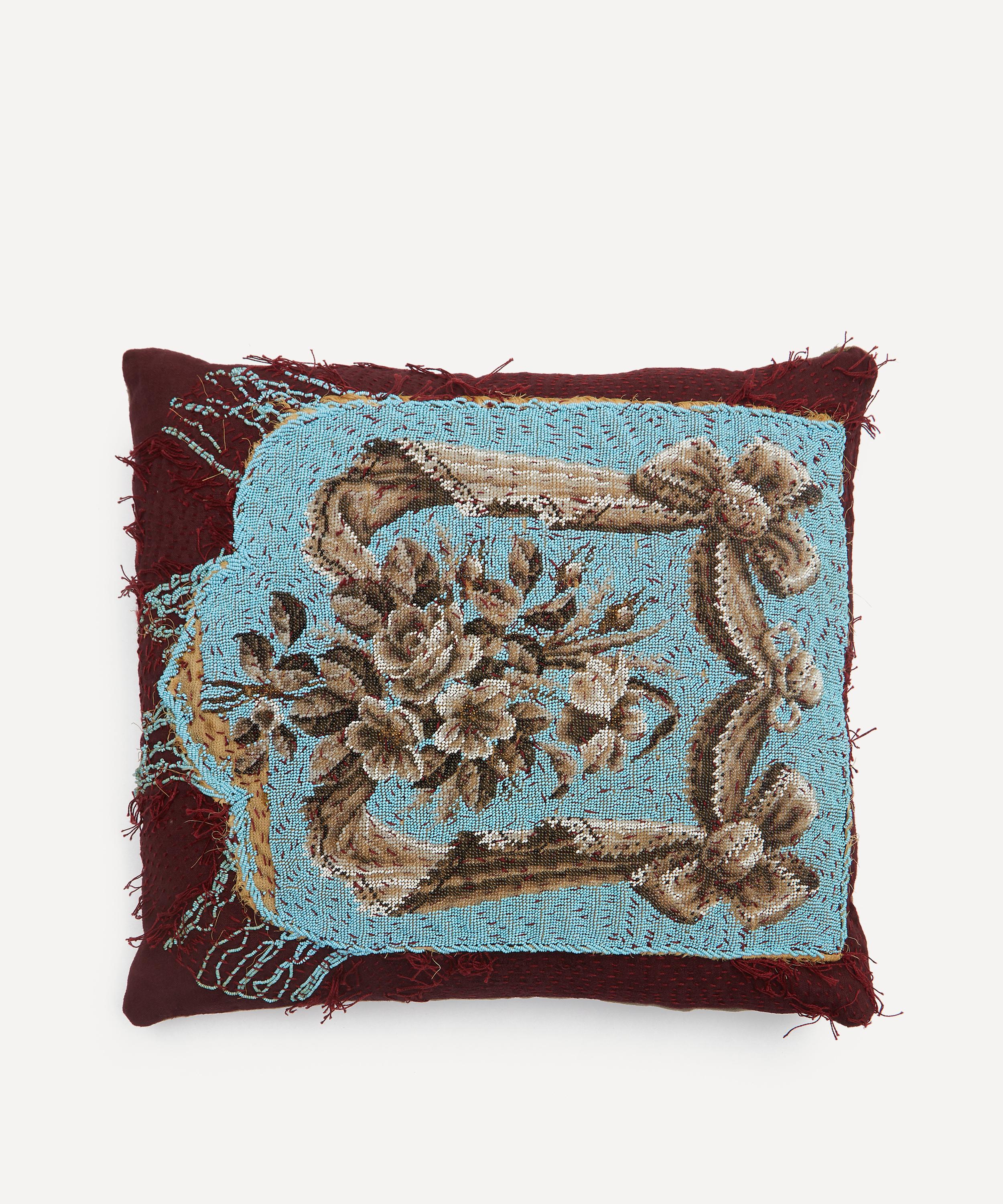 By Walid - 19th-Century Glass and Woollen Needlepoint Cushion 1333