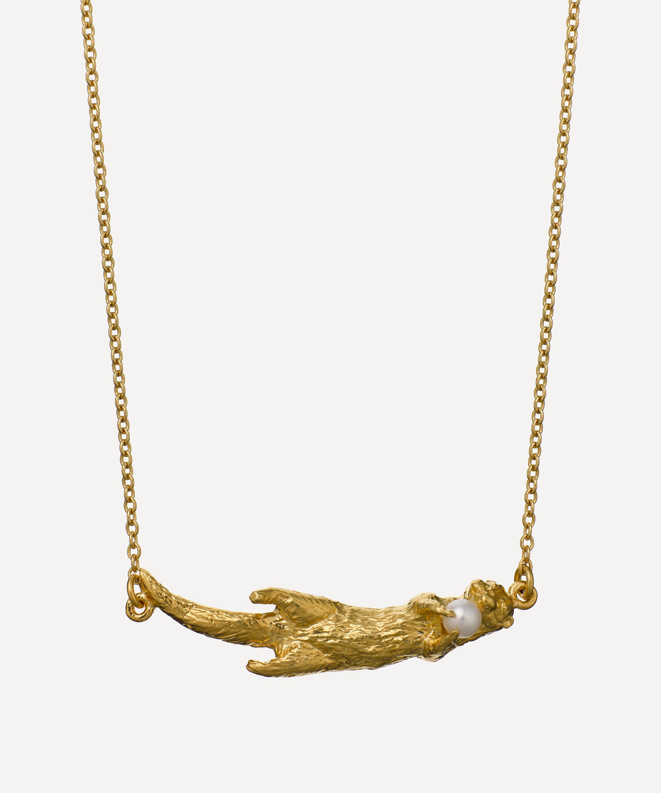 Alex Monroe - 22ct Gold-Plated Otter & Pearl Inline Necklace image number 0