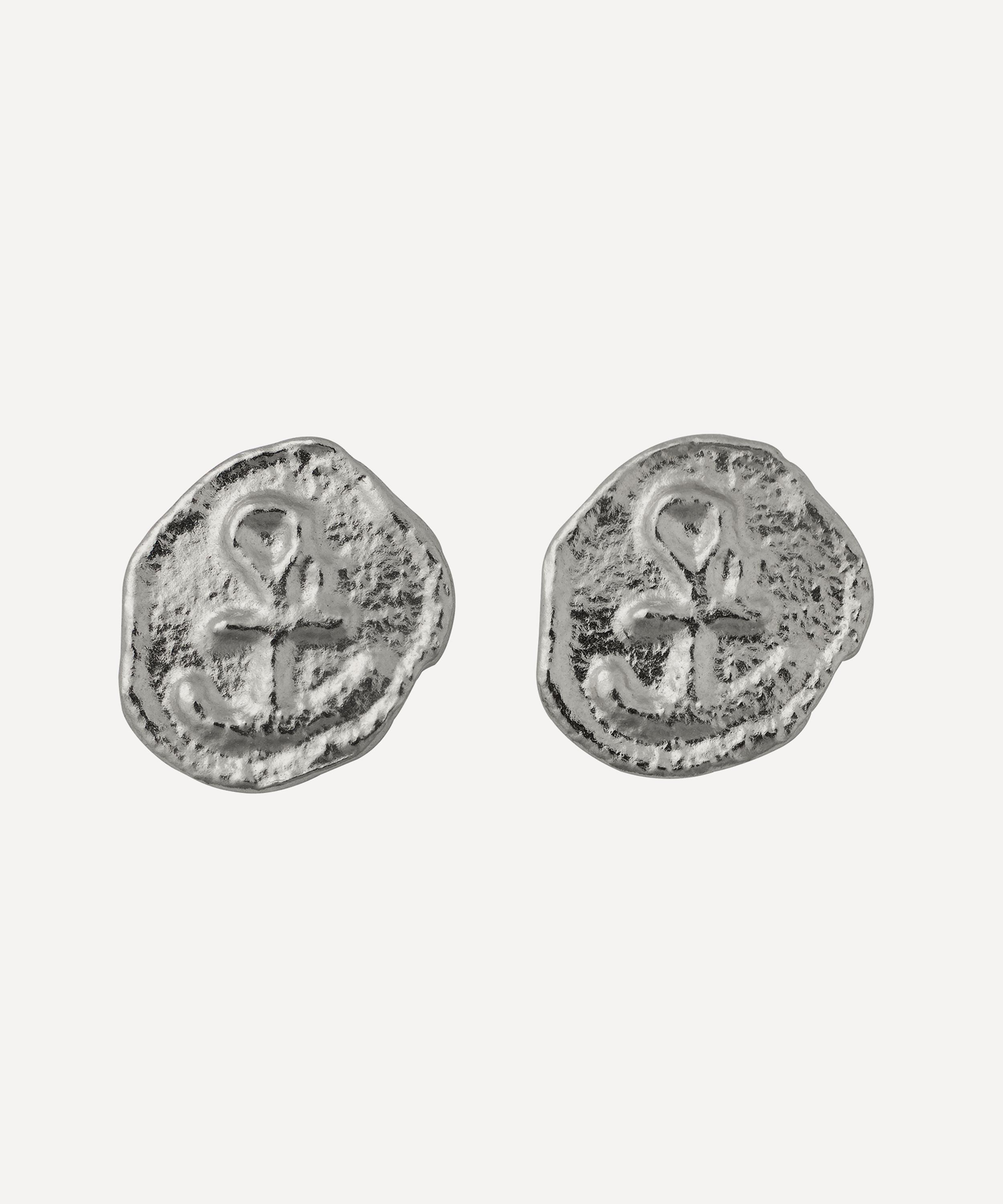 Alex Monroe - Sterling Silver Mudlarked Anchor Token Stud Earrings