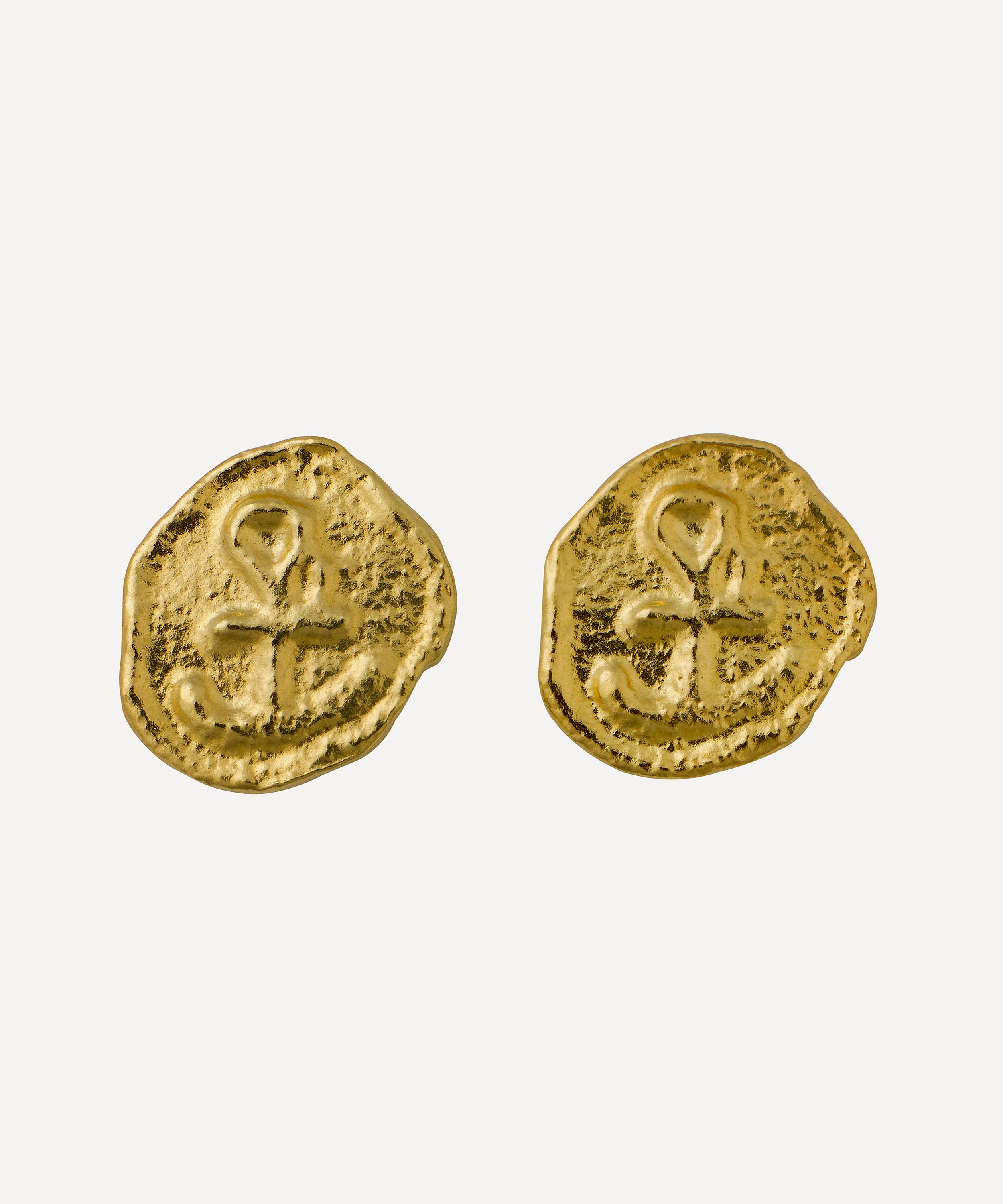 Alex Monroe - 22ct Gold-Plated Mudlarked Anchor Token Stud Earrings image number 0