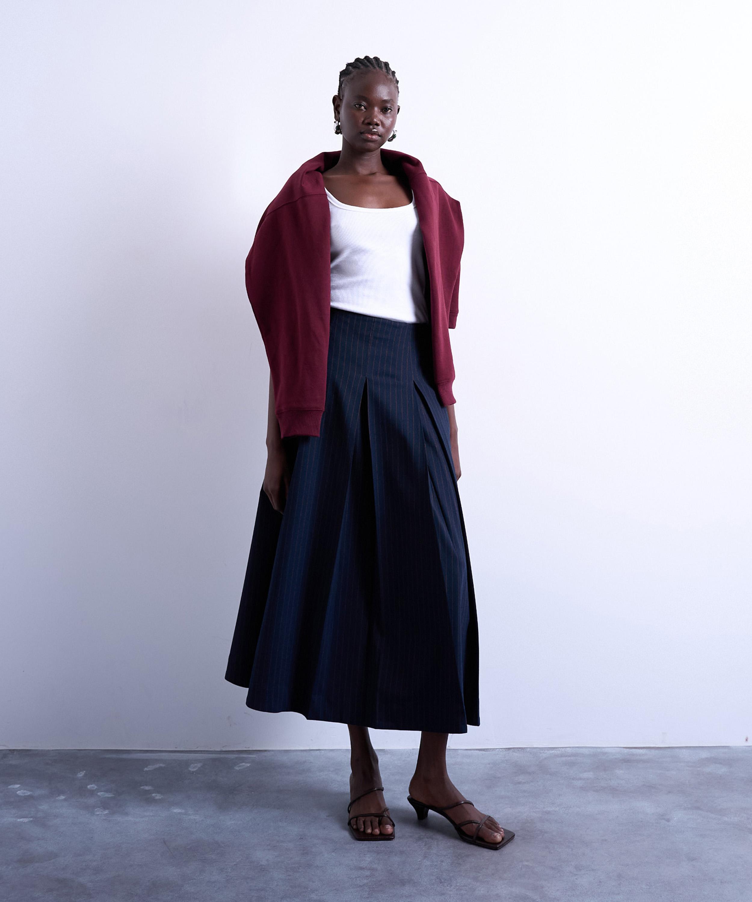 TOPSHOP - Pleated Navy Rust Stripe Midi Skirt