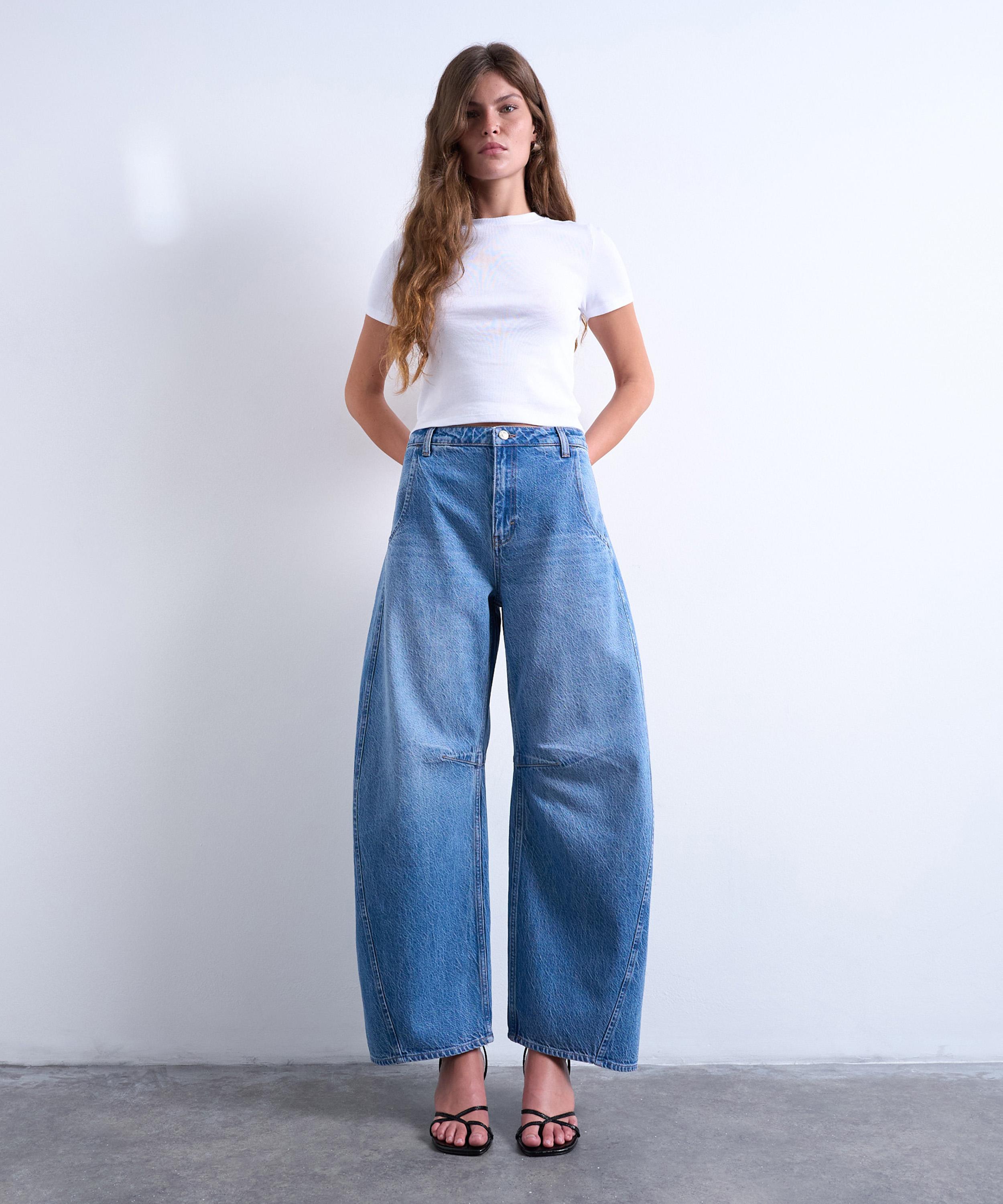 TOPSHOP - Mid-Blue Horseshoe High-Rise Barrel Jeans 