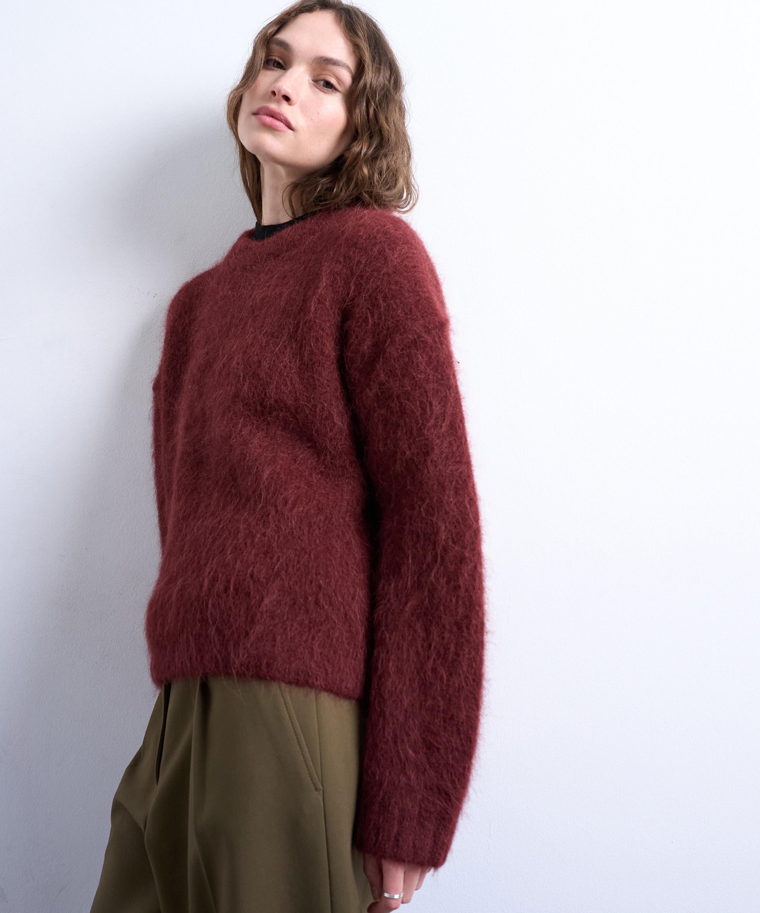 TOPSHOP - Burgundy Knitted Premium Alpaca Crew-Neck Boxy Jumper