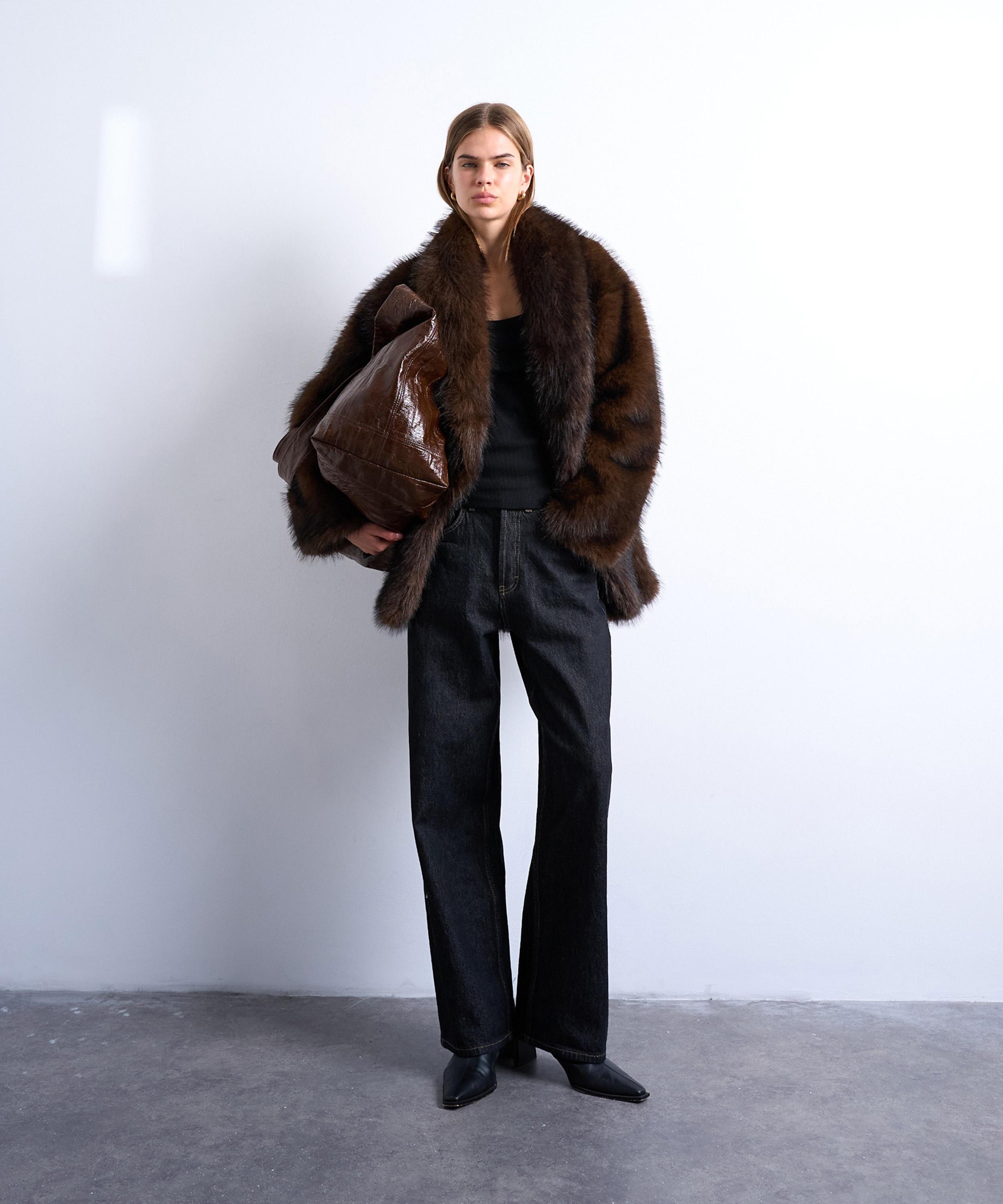 TOPSHOP - Chocolate Faux Fur Collarless Mid-Length Coat image number 0