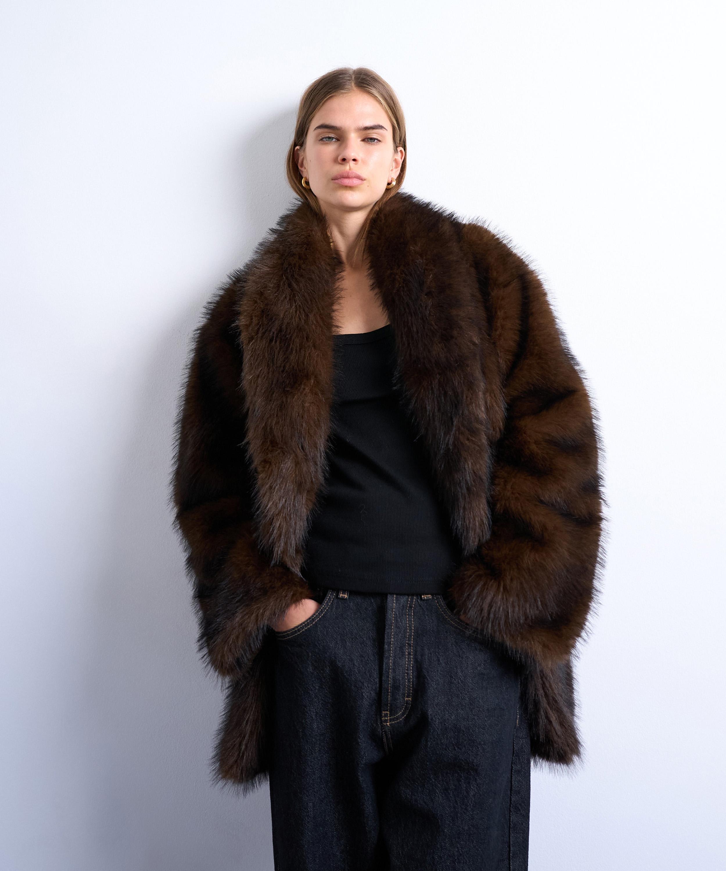 TOPSHOP - Chocolate Faux Fur Collarless Mid-Length Coat image number 1
