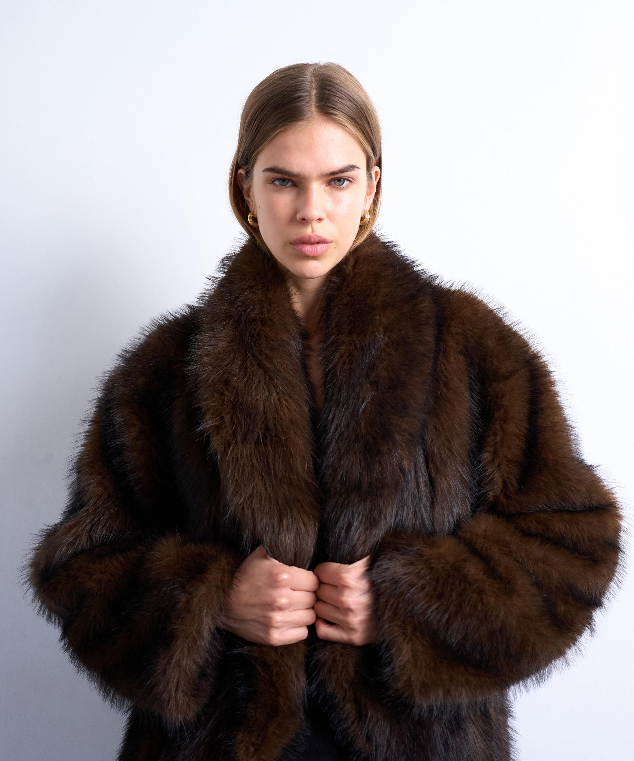 TOPSHOP - Chocolate Faux Fur Collarless Mid-Length Coat image number 2
