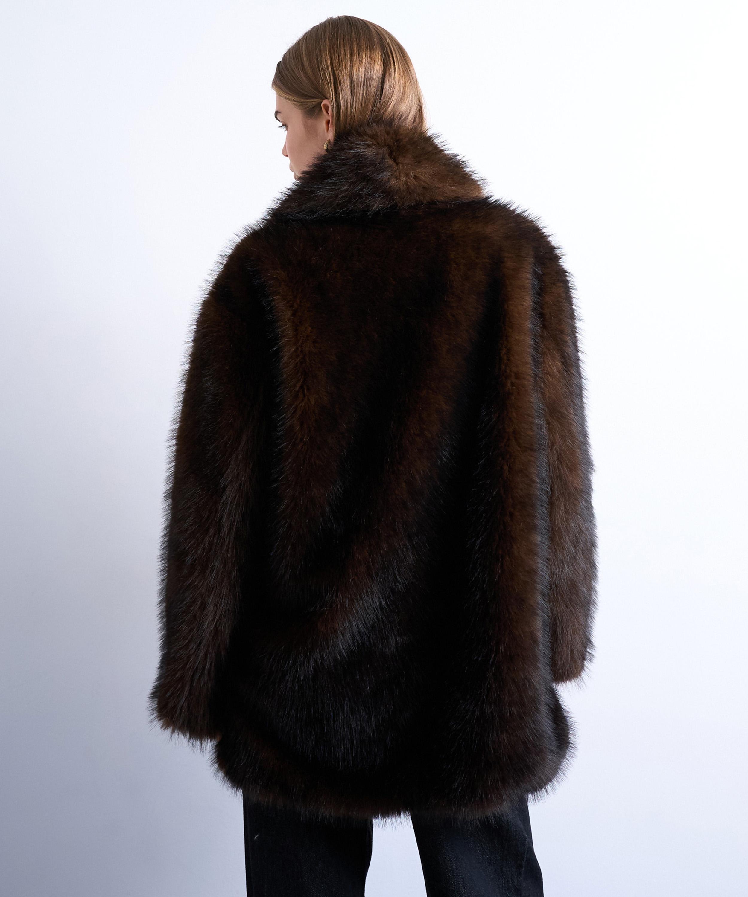 TOPSHOP - Chocolate Faux Fur Collarless Mid-Length Coat image number 3
