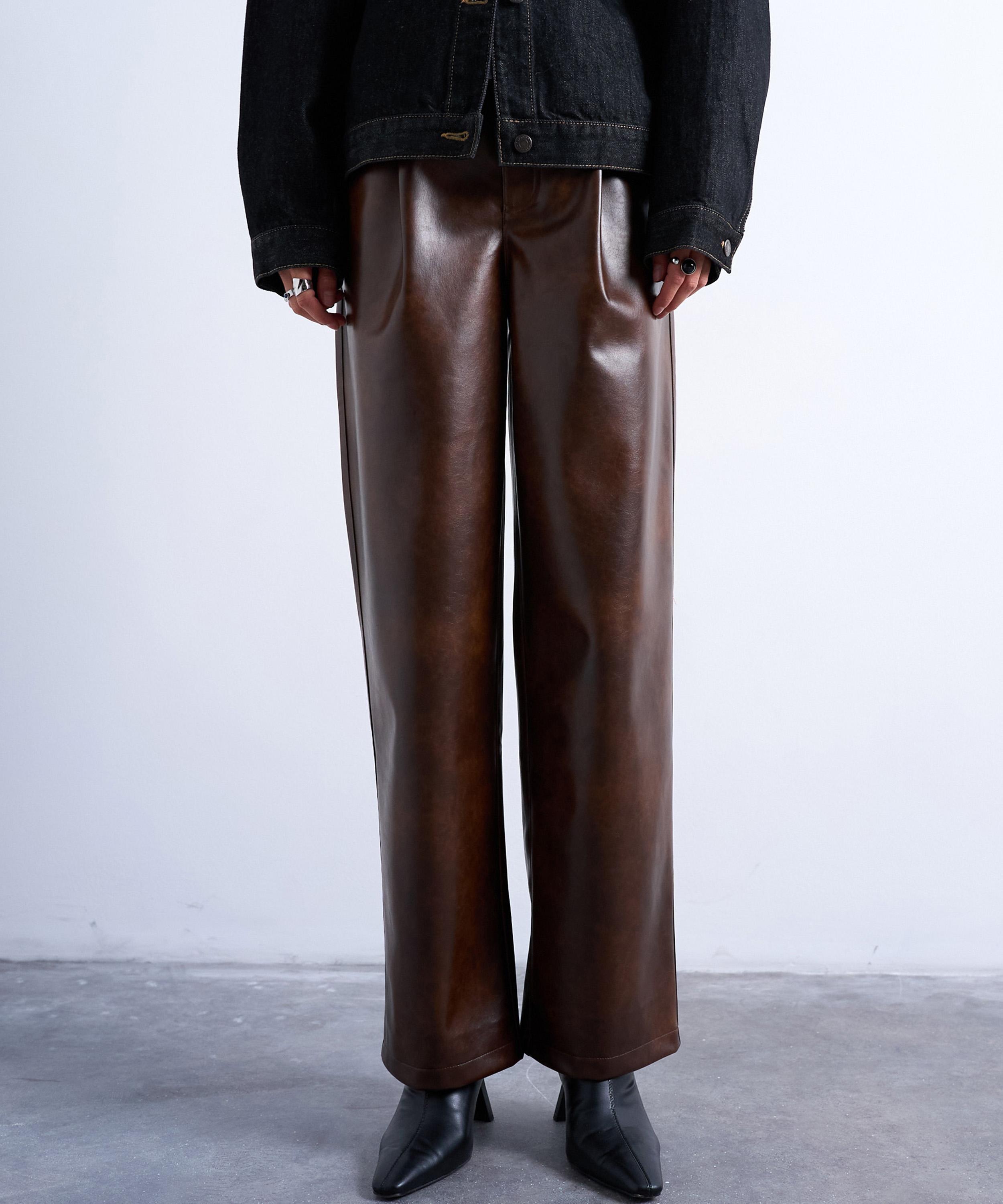 TOPSHOP - Faux Leather Pleated Straight Leg Trousers