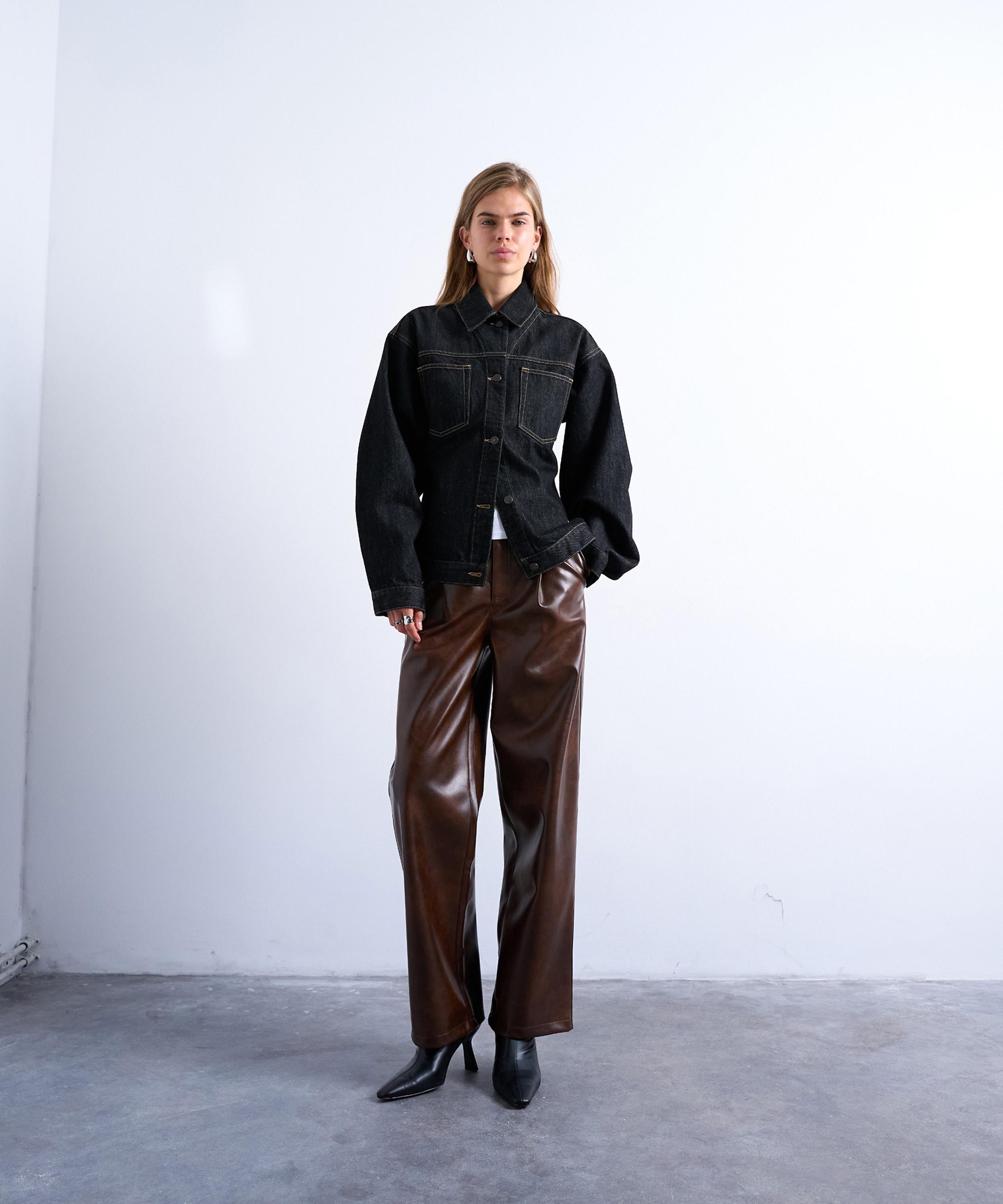 TOPSHOP - Faux Leather Pleated Straight Leg Trousers image number 1