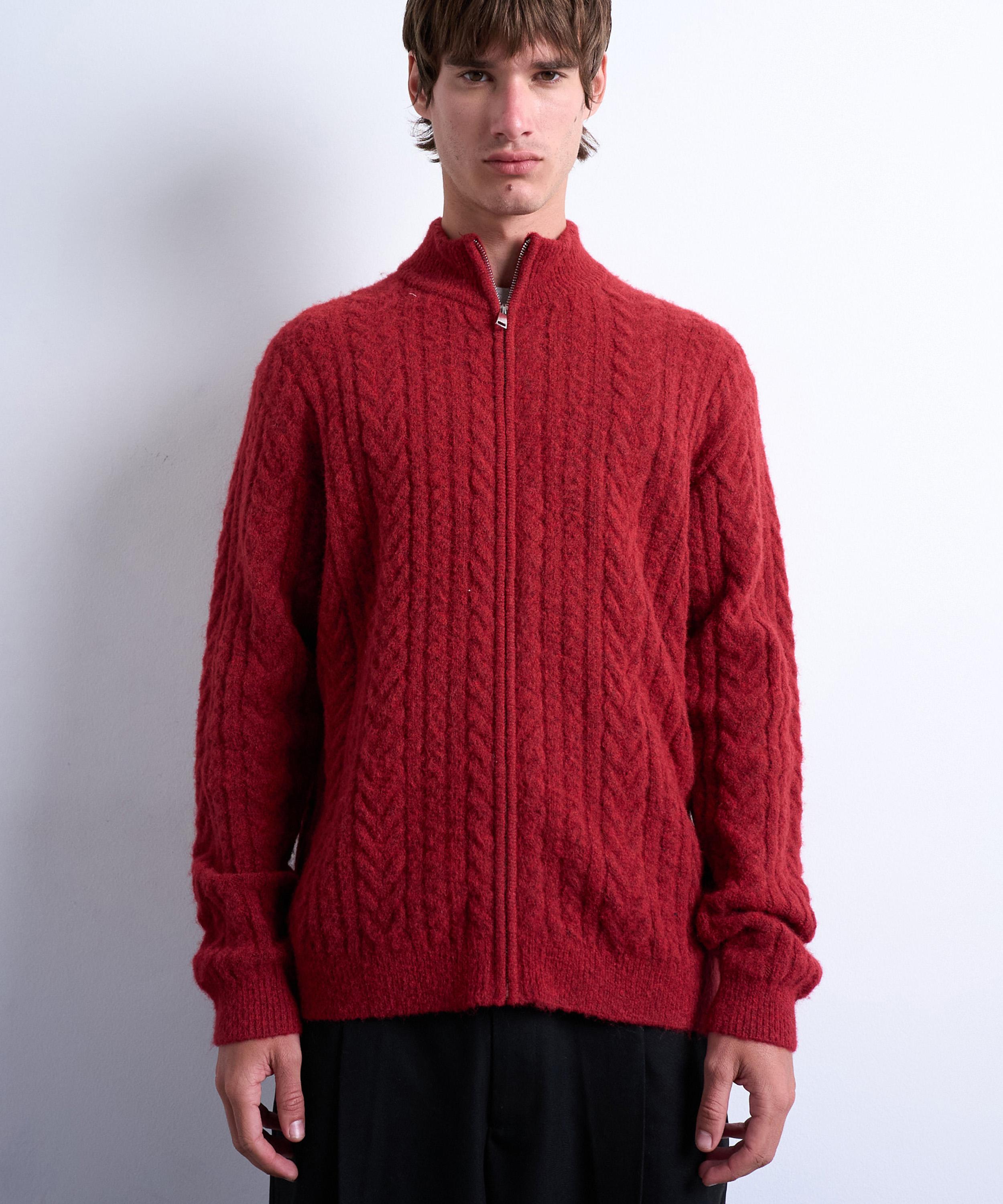 TOPMAN - Red Cable-Knit Funnel-Neck Cardigan