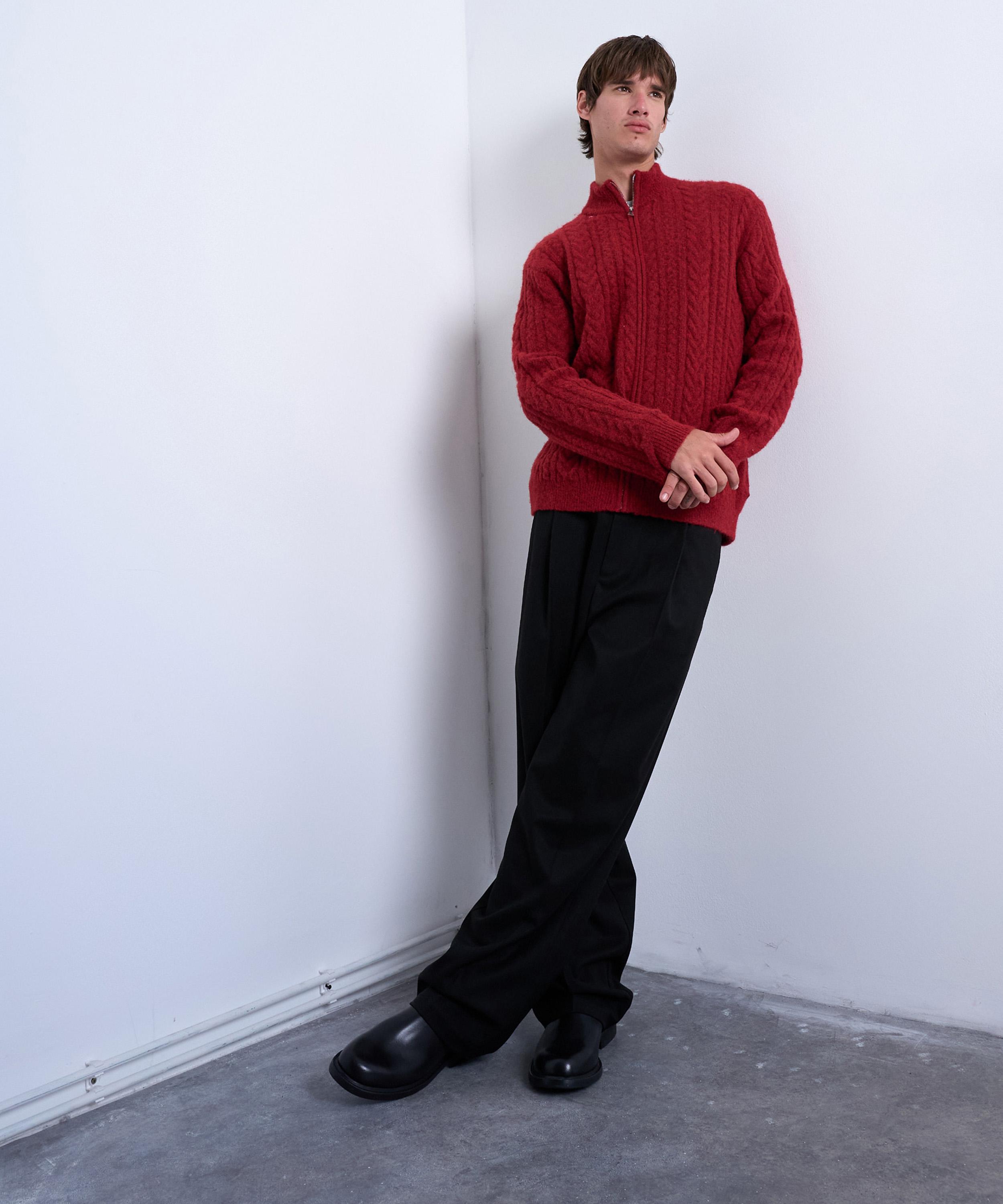 TOPMAN - Red Cable-Knit Funnel-Neck Cardigan image number 1