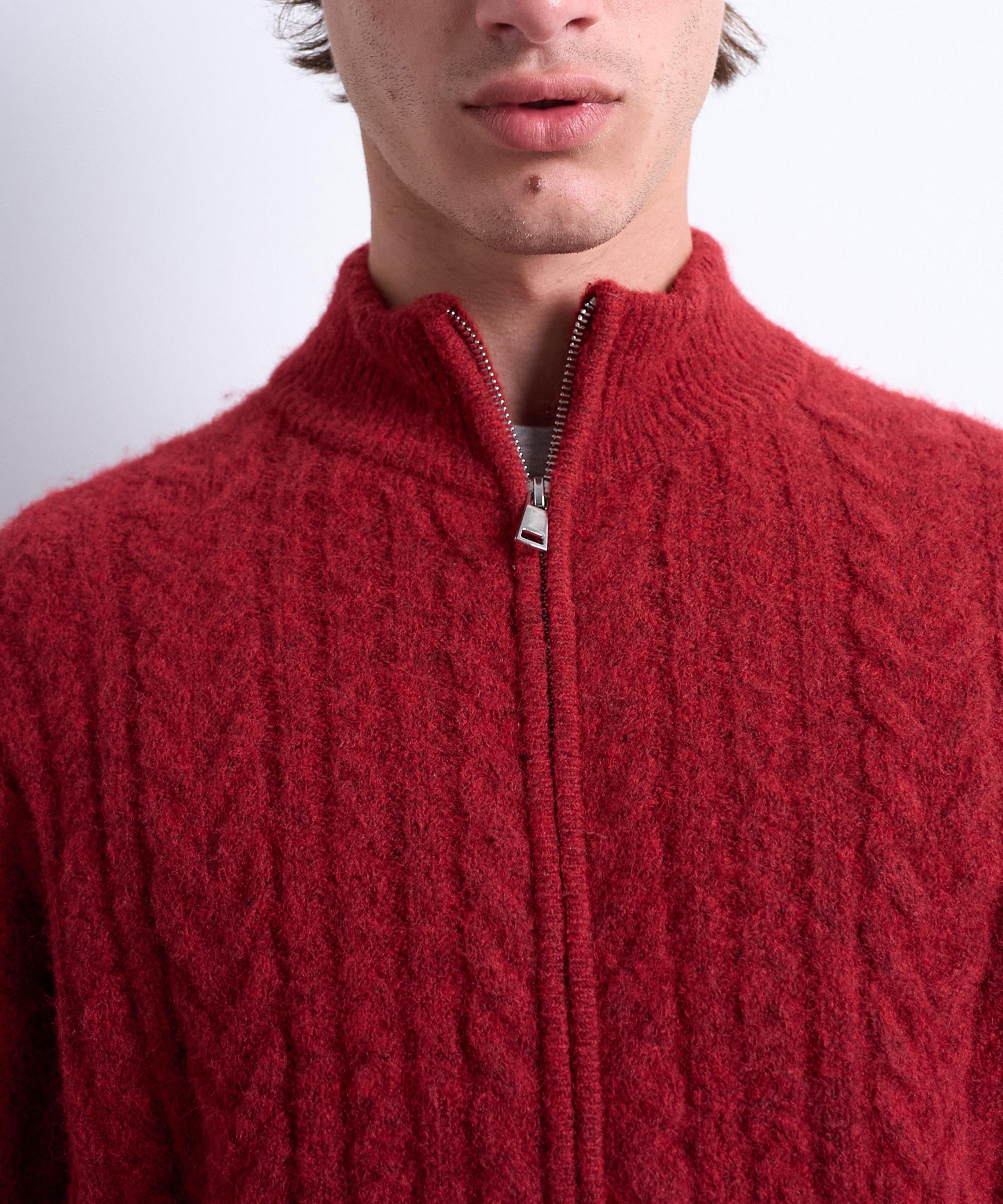 TOPMAN - Red Cable-Knit Funnel-Neck Cardigan image number 2