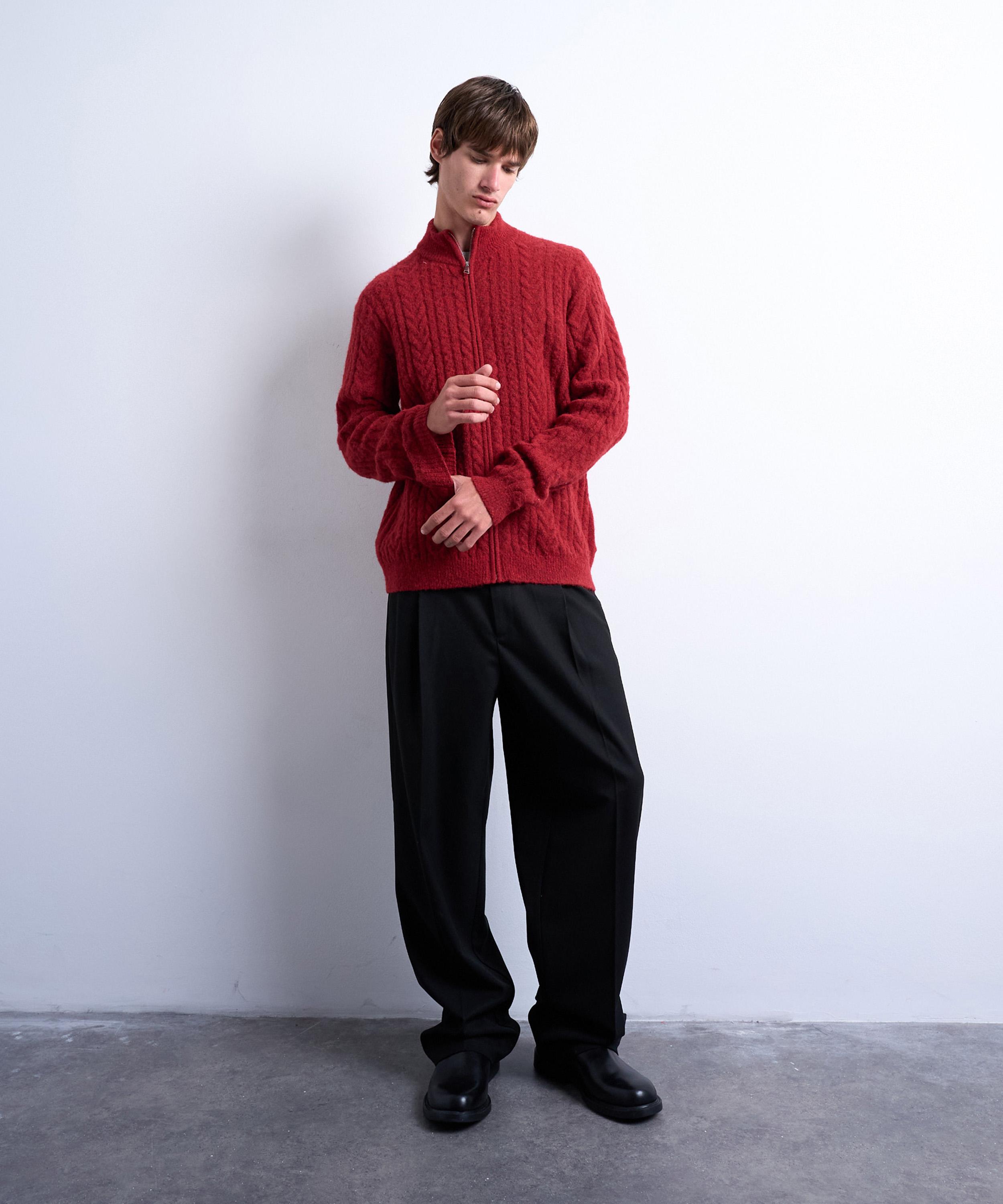TOPMAN - Red Cable-Knit Funnel-Neck Cardigan image number 3