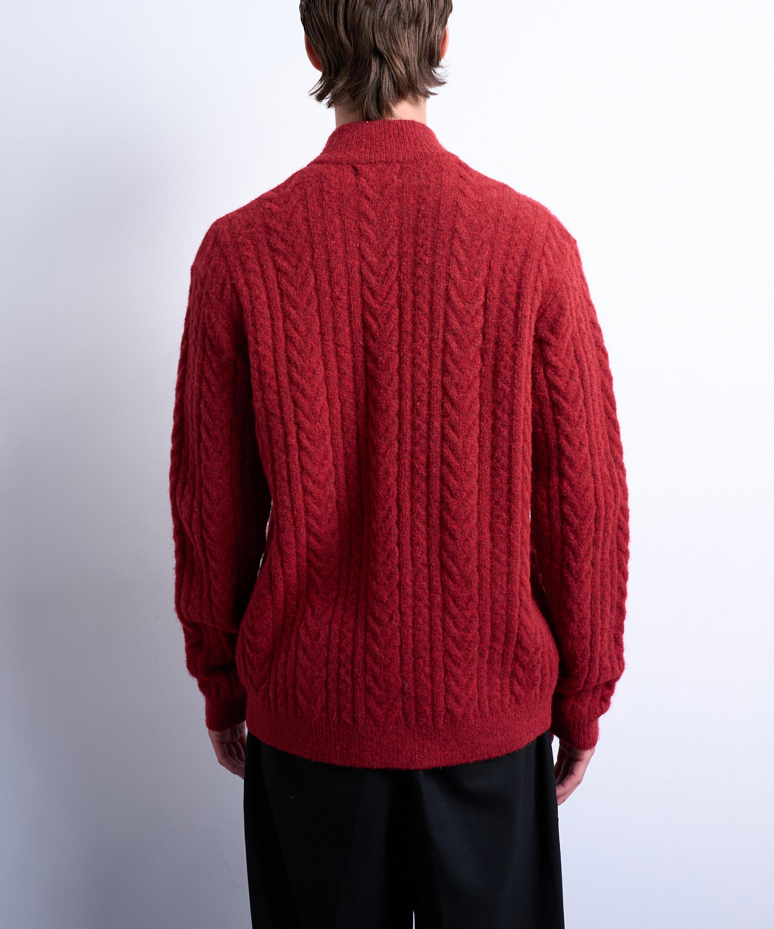 TOPMAN - Red Cable-Knit Funnel-Neck Cardigan image number 4
