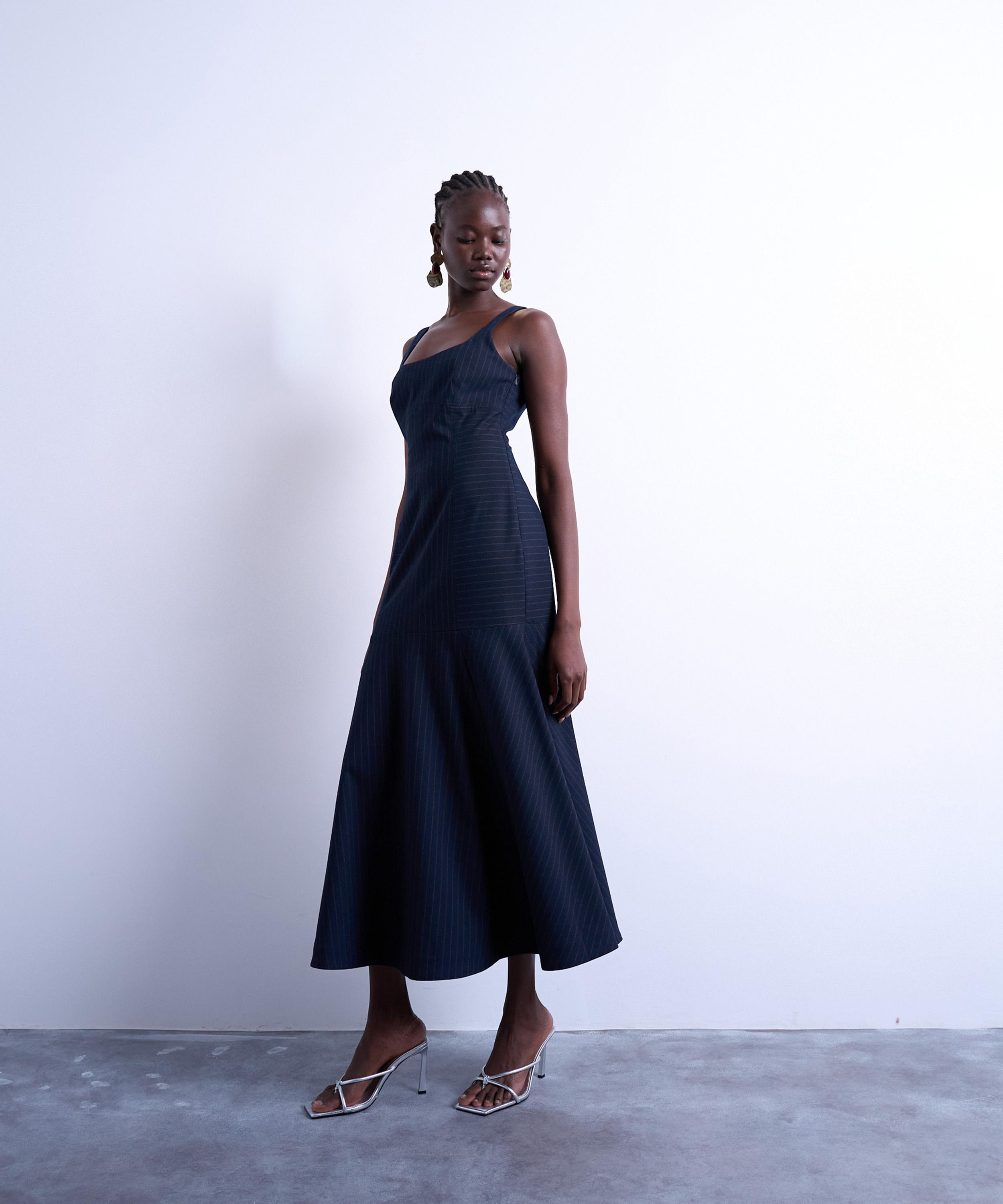 TOPSHOP - Bust Detail Dropped Hem Pinstripe Midi Dress