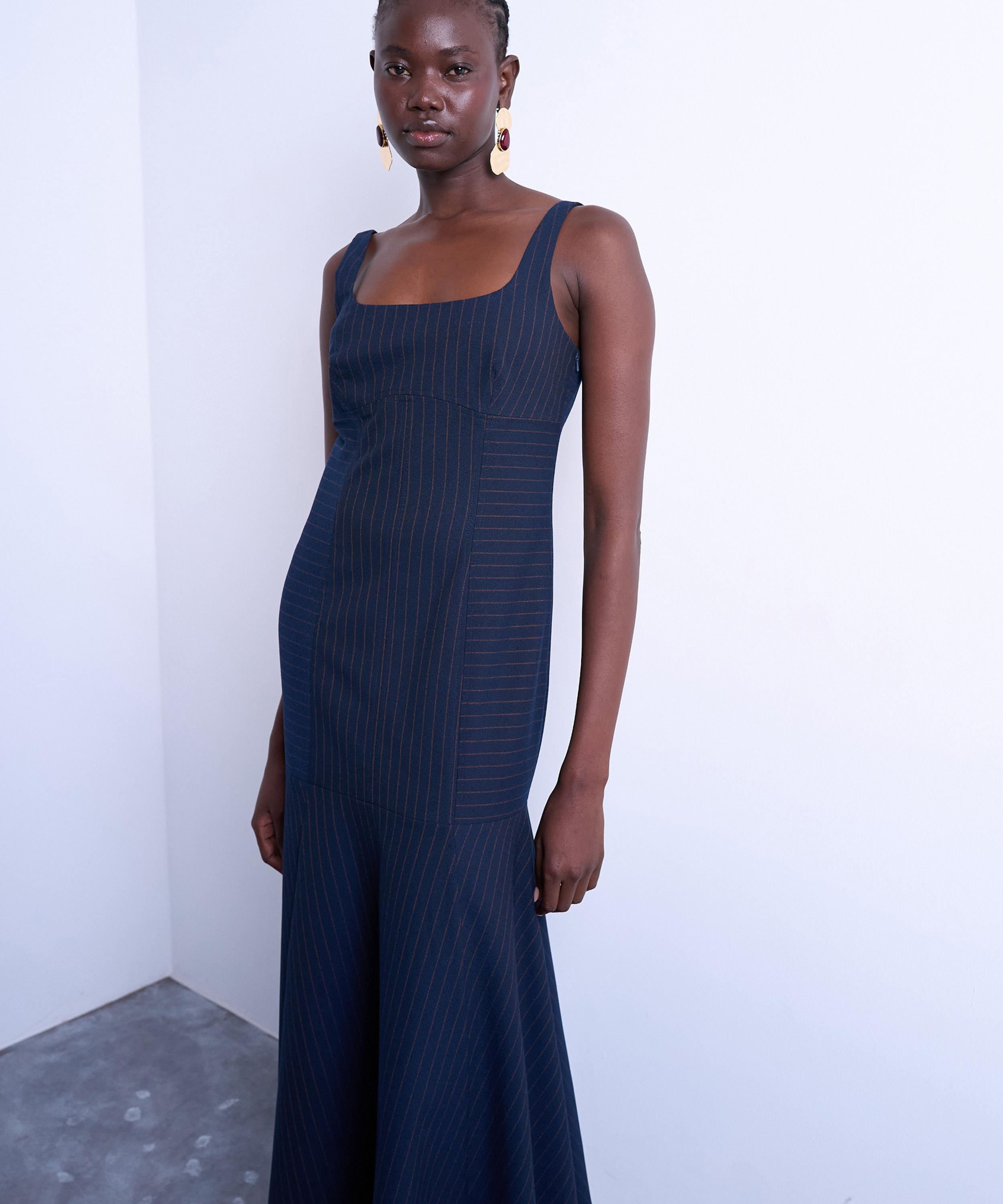 TOPSHOP - Bust Detail Dropped Hem Pinstripe Midi Dress image number 1