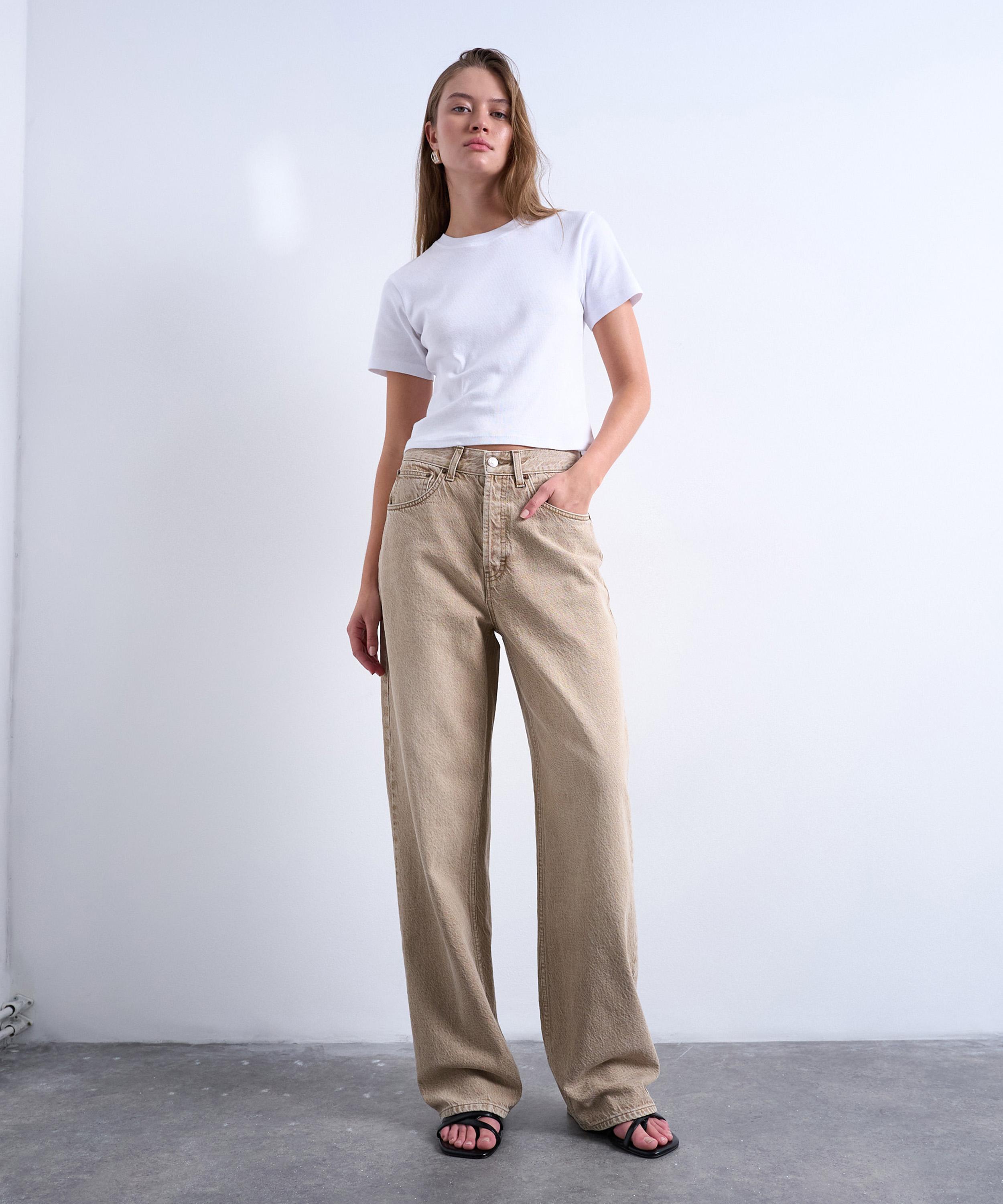 TOPSHOP - Washed Beige Column Mid Rise Jeans