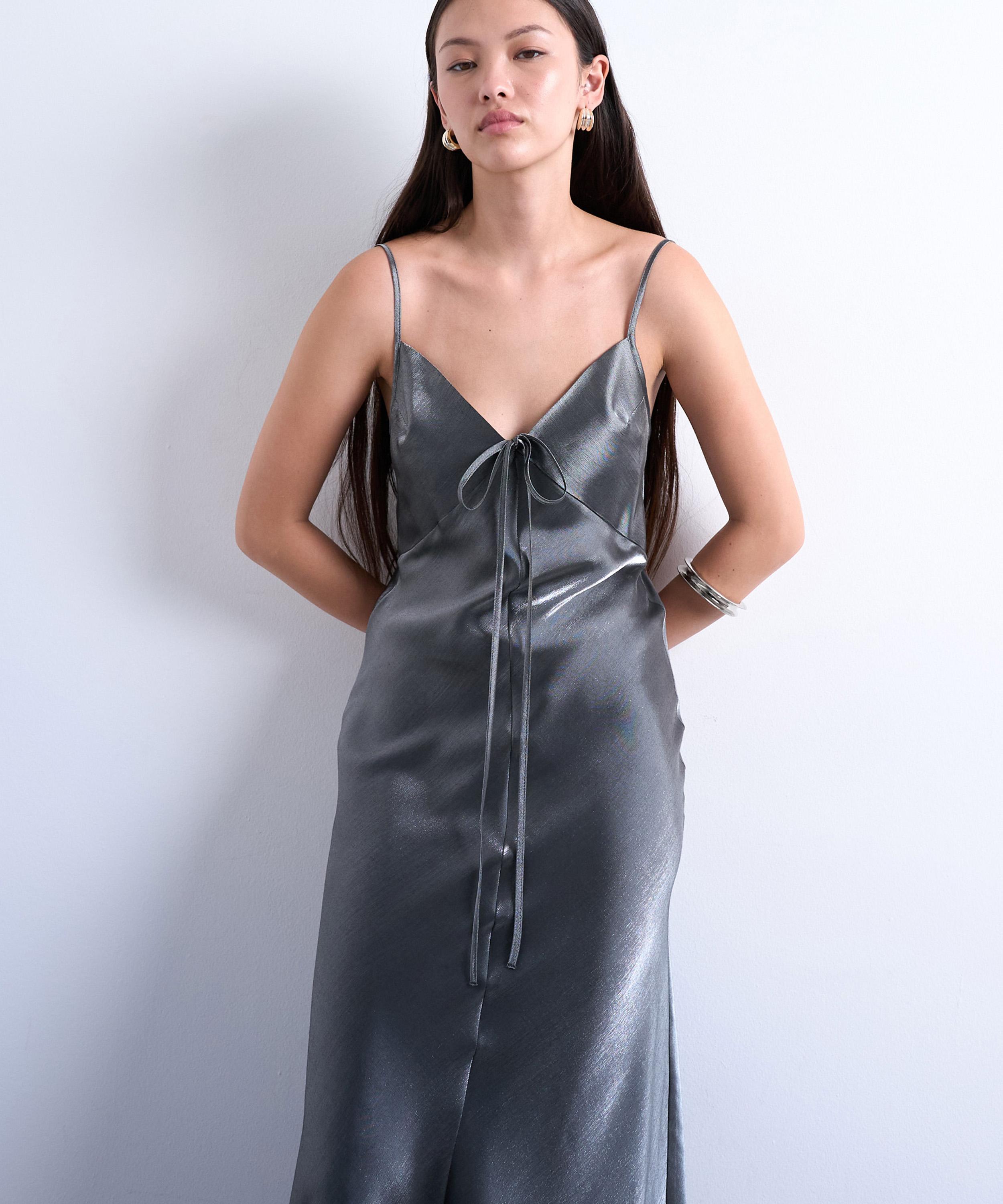 TOPSHOP - Halter Tie Neck Liquid Metallic Maxi Slip Dress image number 1