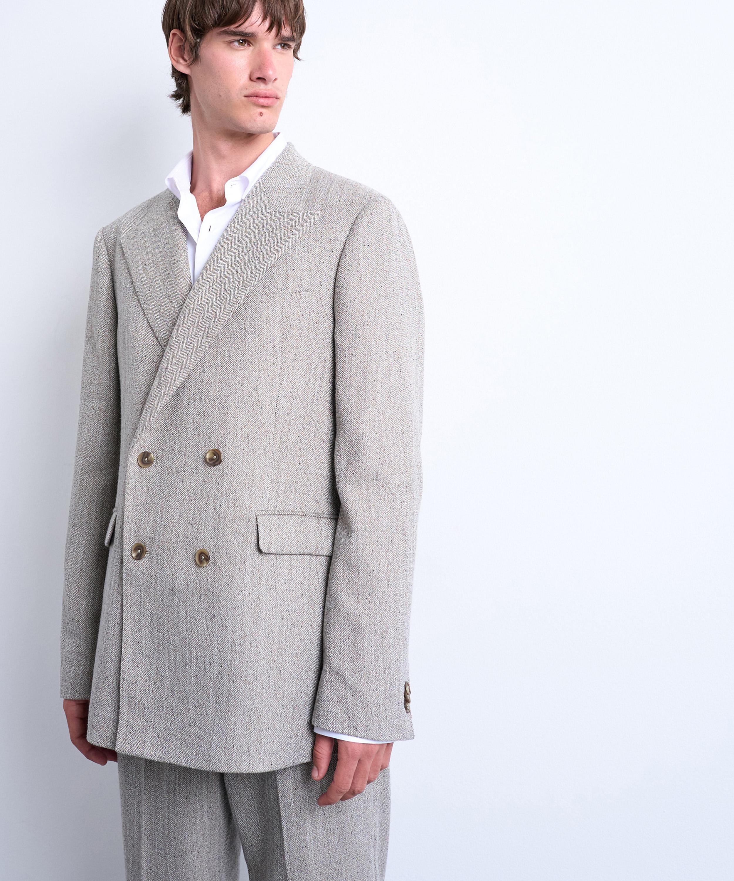 TOPMAN - Stone Double Breasted Herringbone Blazer