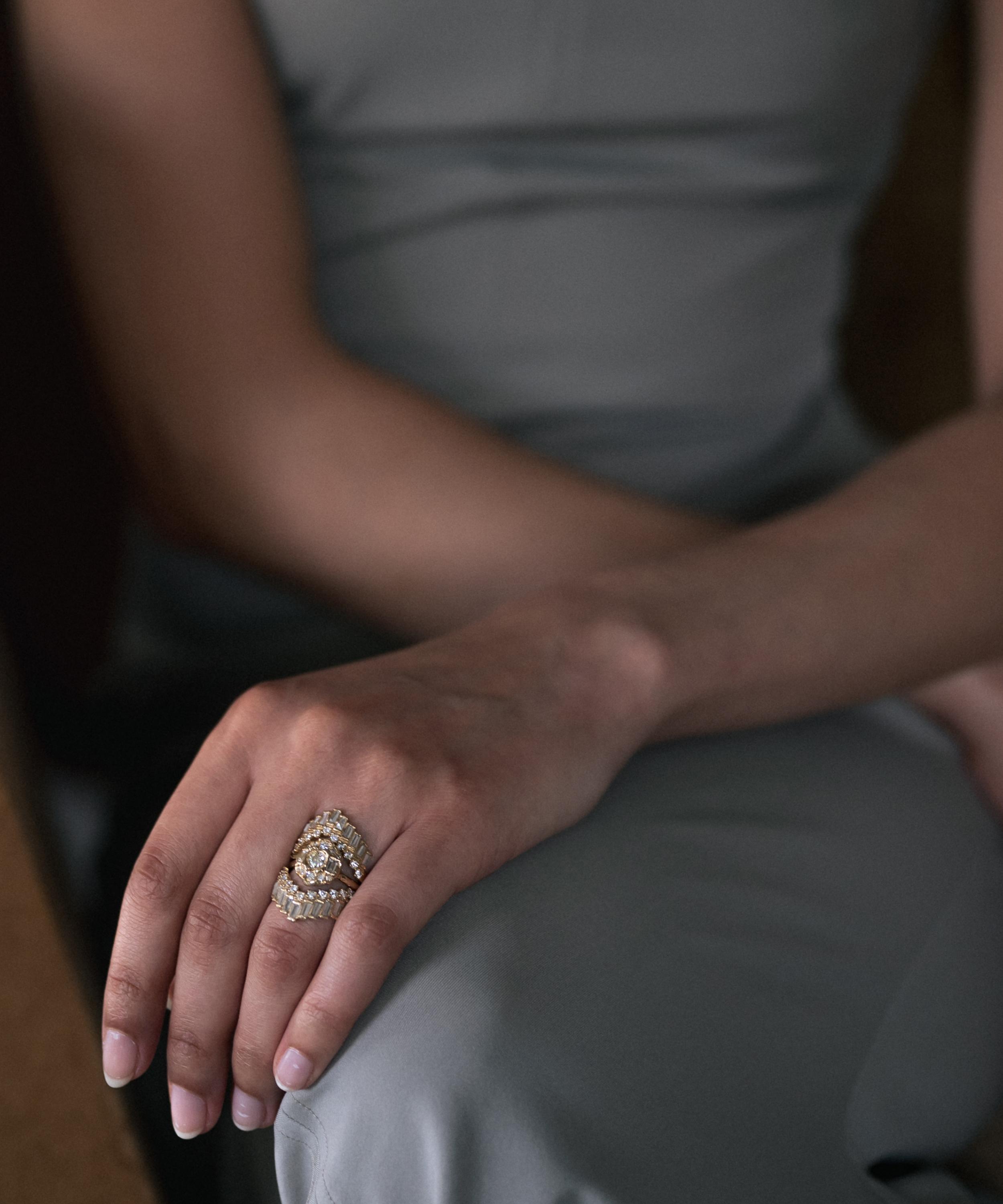 Ellis Mhairi Cameron - 14ct Gold Armach Baguette and Round Diamond Extra Large V-Shape Scatter Ring image number 1