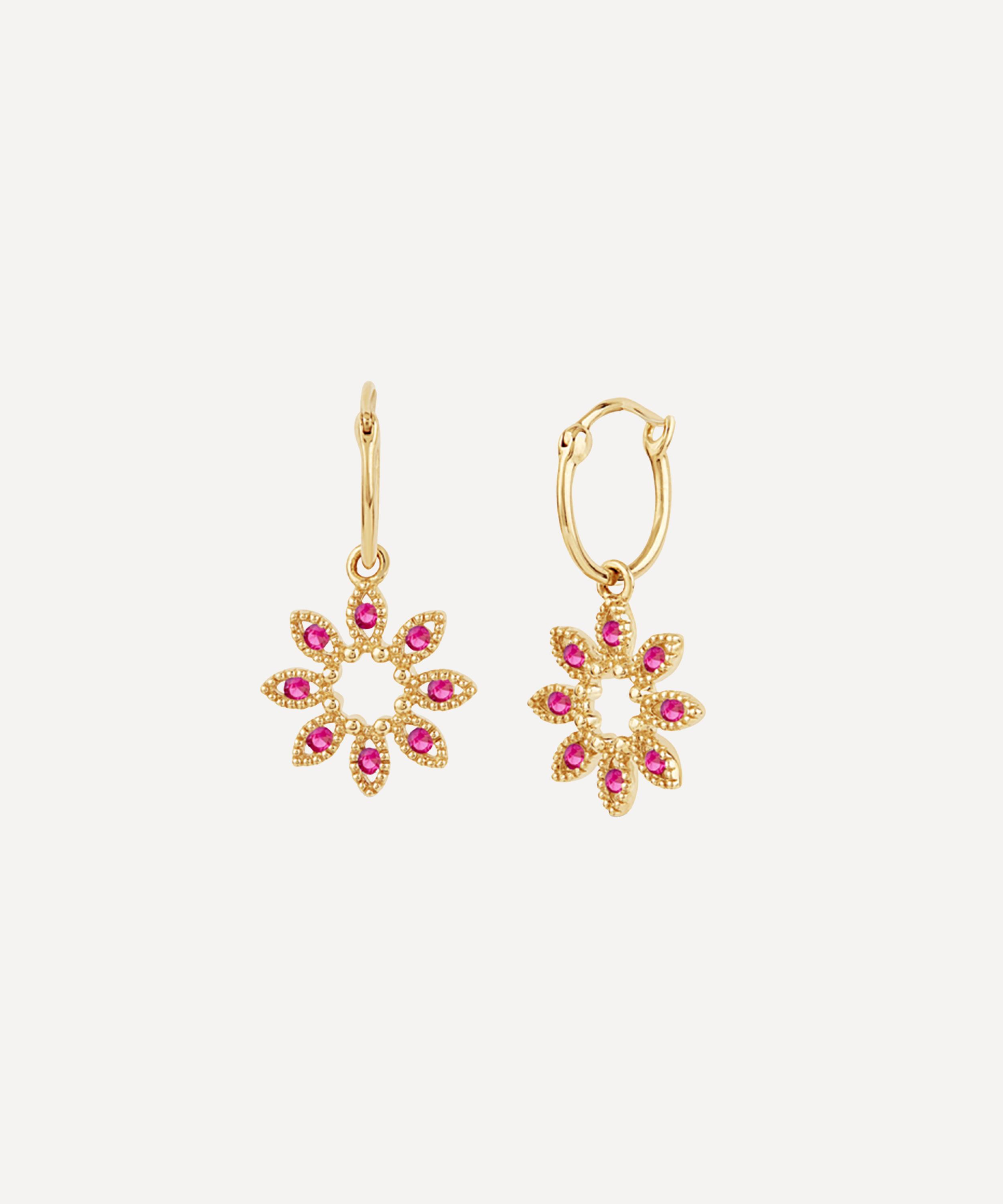 Dinny Hall - 14ct Gold Jasmine Flower Ruby Drop Hoop Earrings