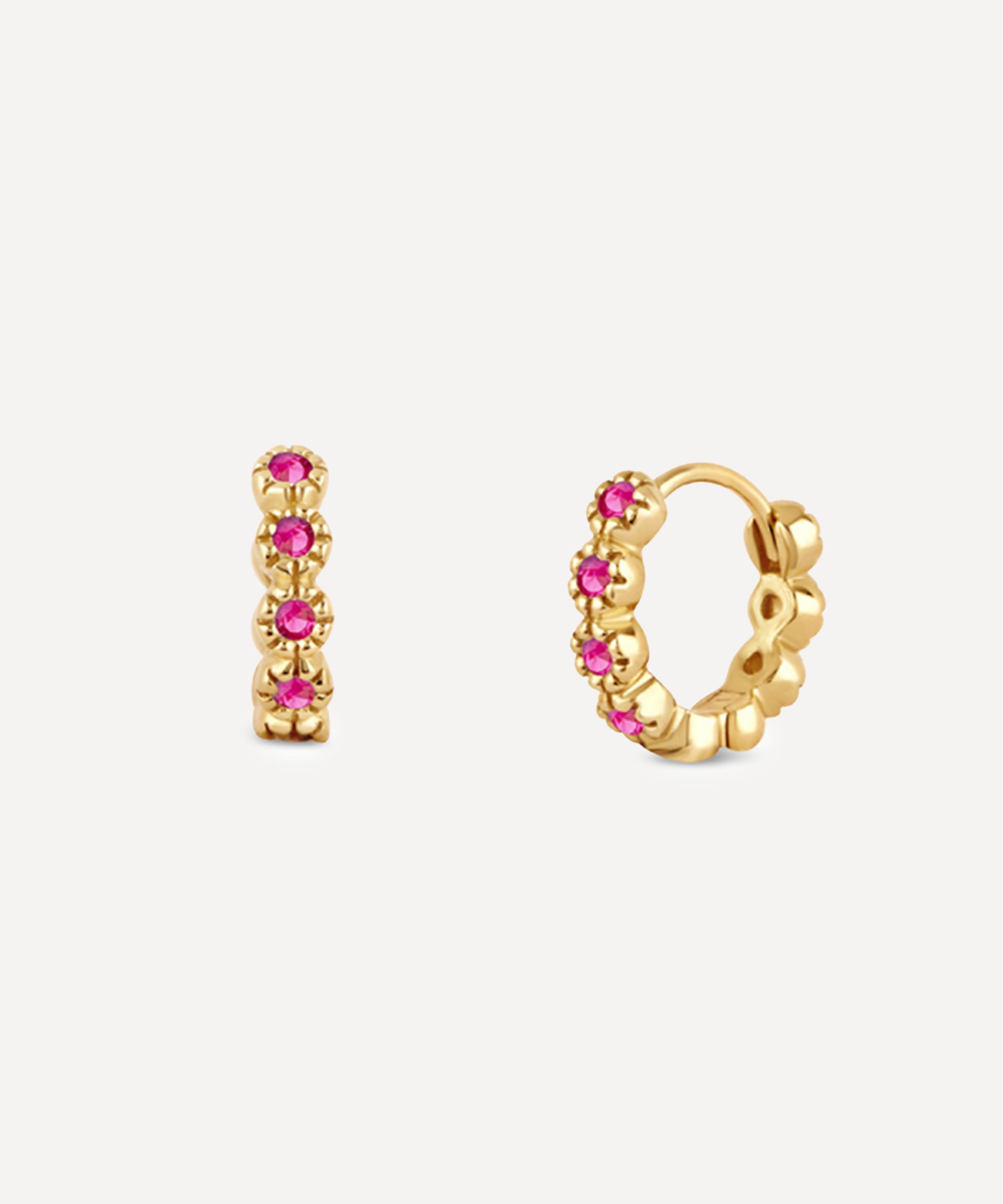 Dinny Hall - 14ct Gold Forget Me Not Ruby Huggie Hoop Earrings