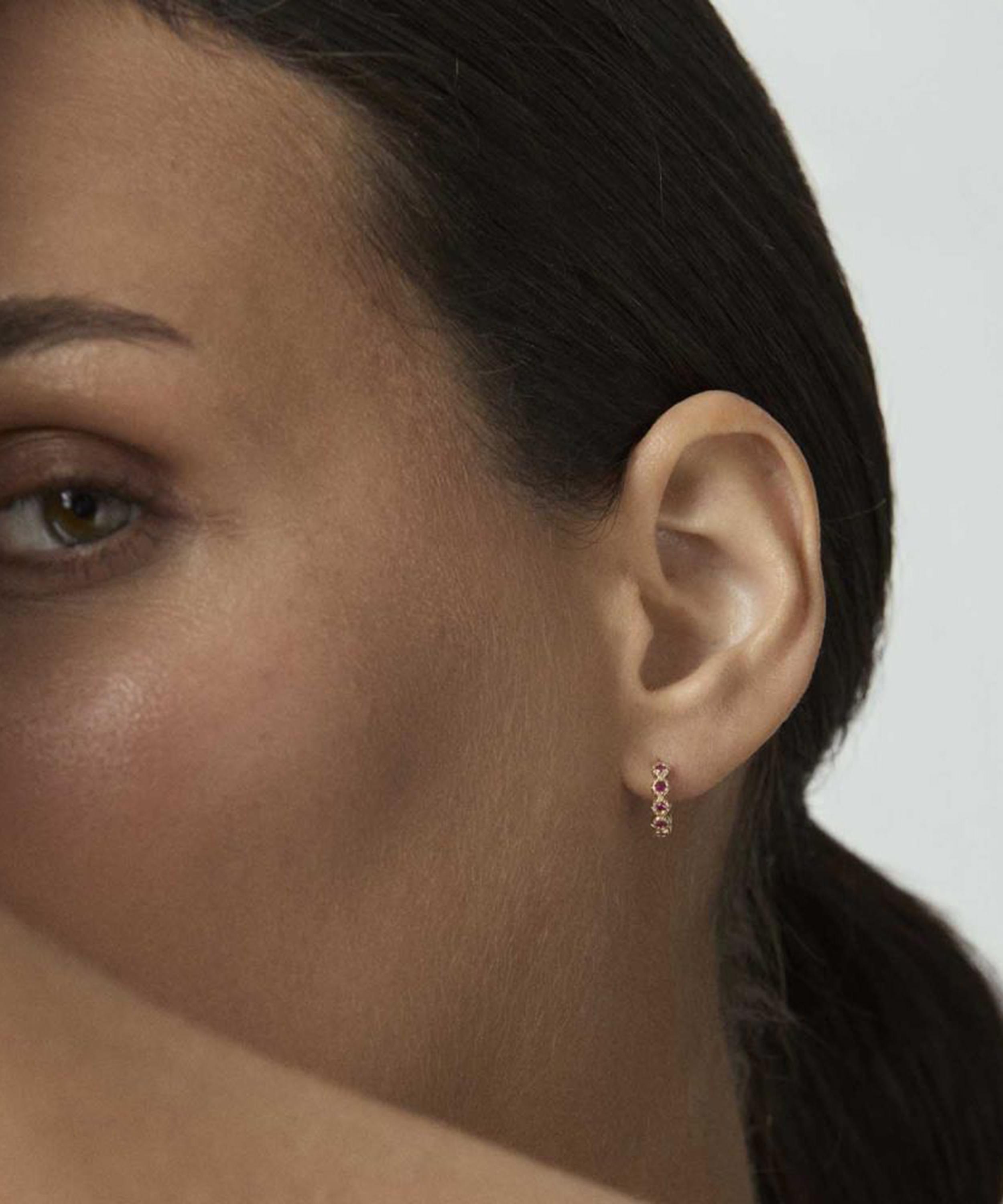 Dinny Hall - 14ct Gold Forget Me Not Ruby Huggie Hoop Earrings image number 1