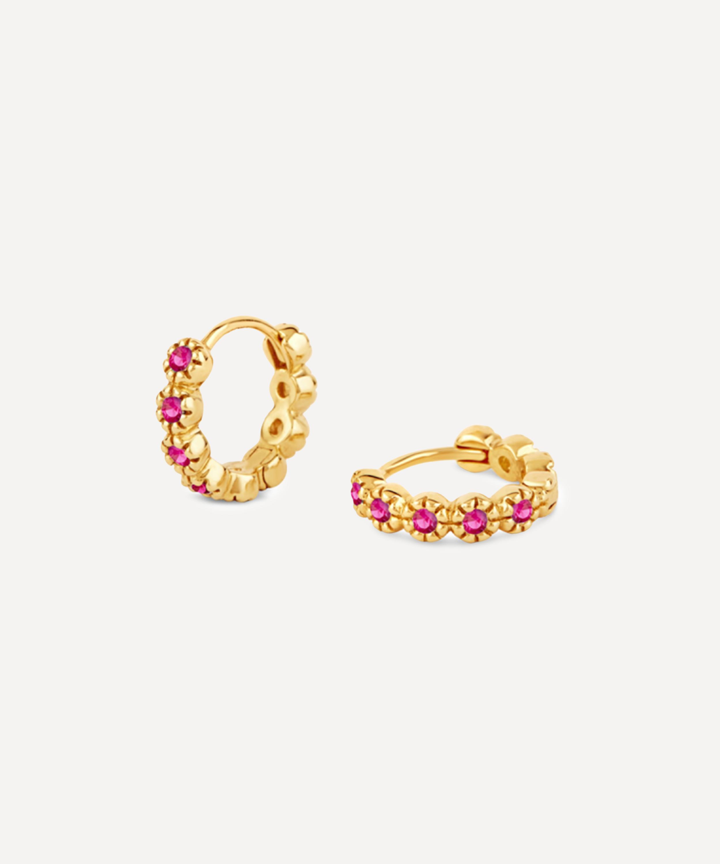 Dinny Hall - 14ct Gold Forget Me Not Ruby Huggie Hoop Earrings image number 2