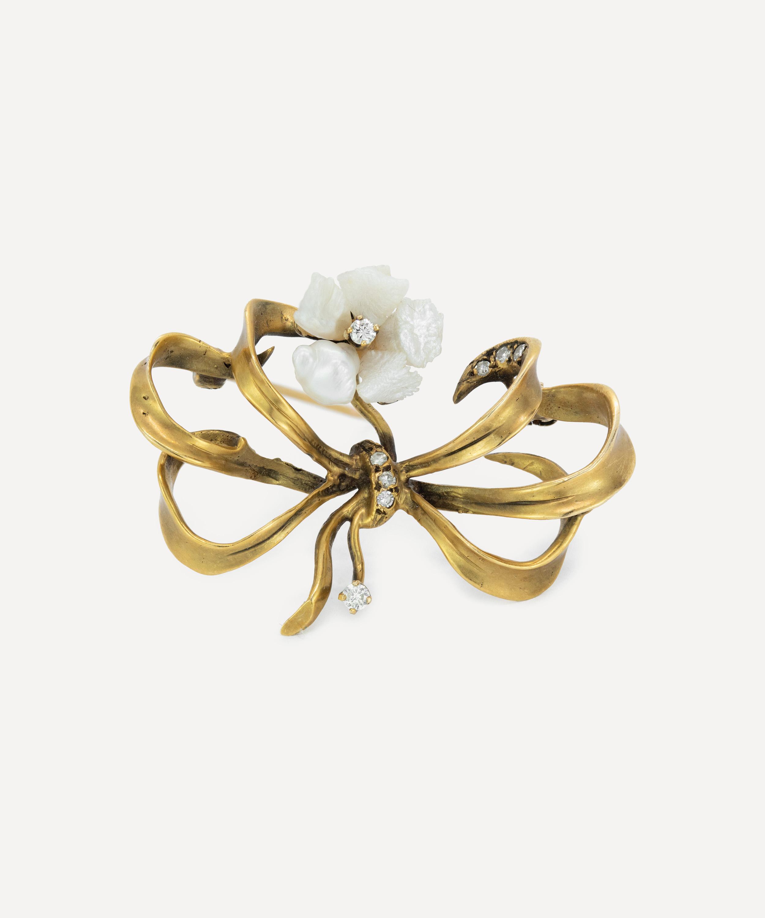 Kojis - 14ct Gold Pearl and Diamond Bow Brooch