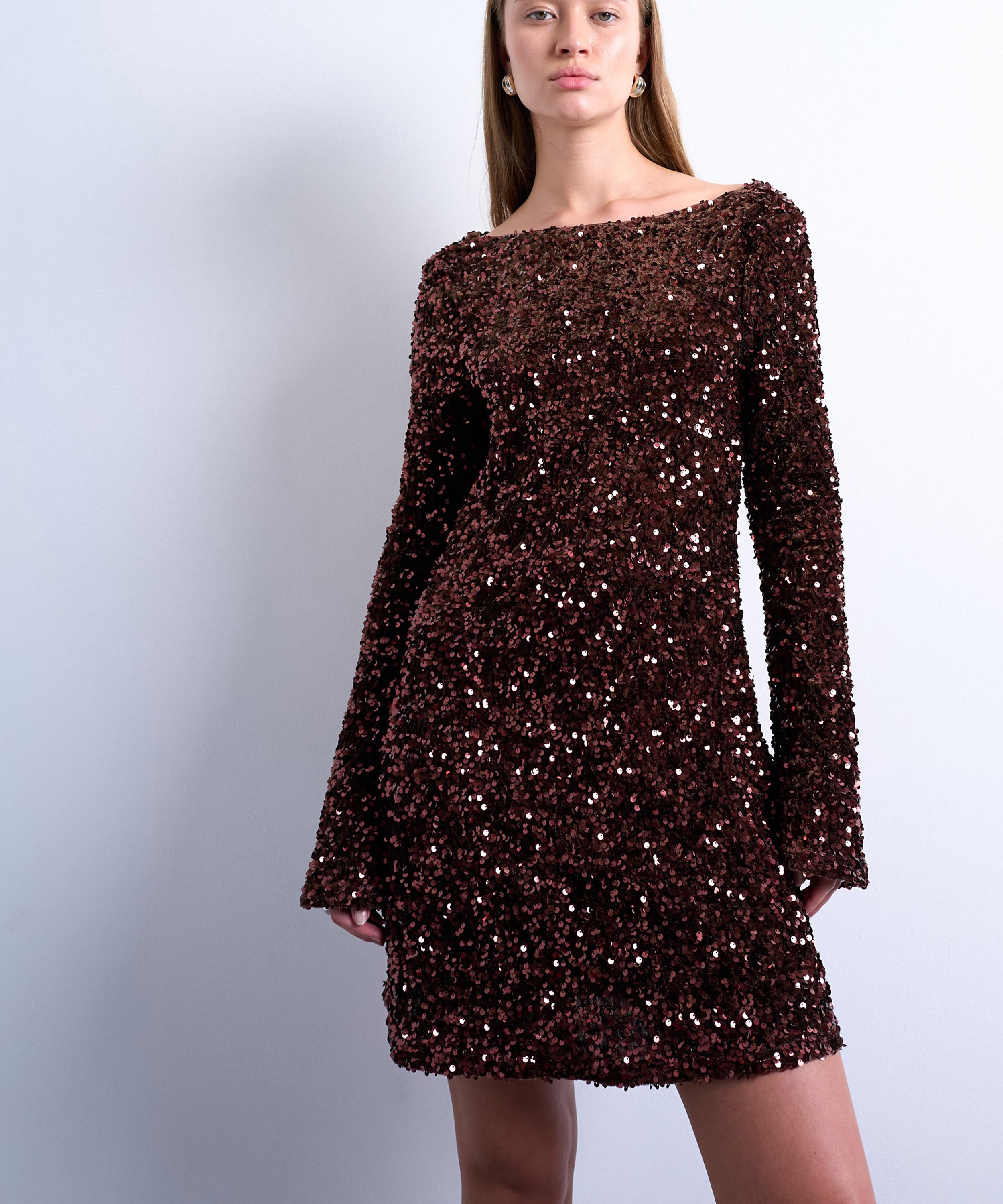 TOPSHOP - Long Sleeve Cowl Back Sequin Velvet Mini Dress