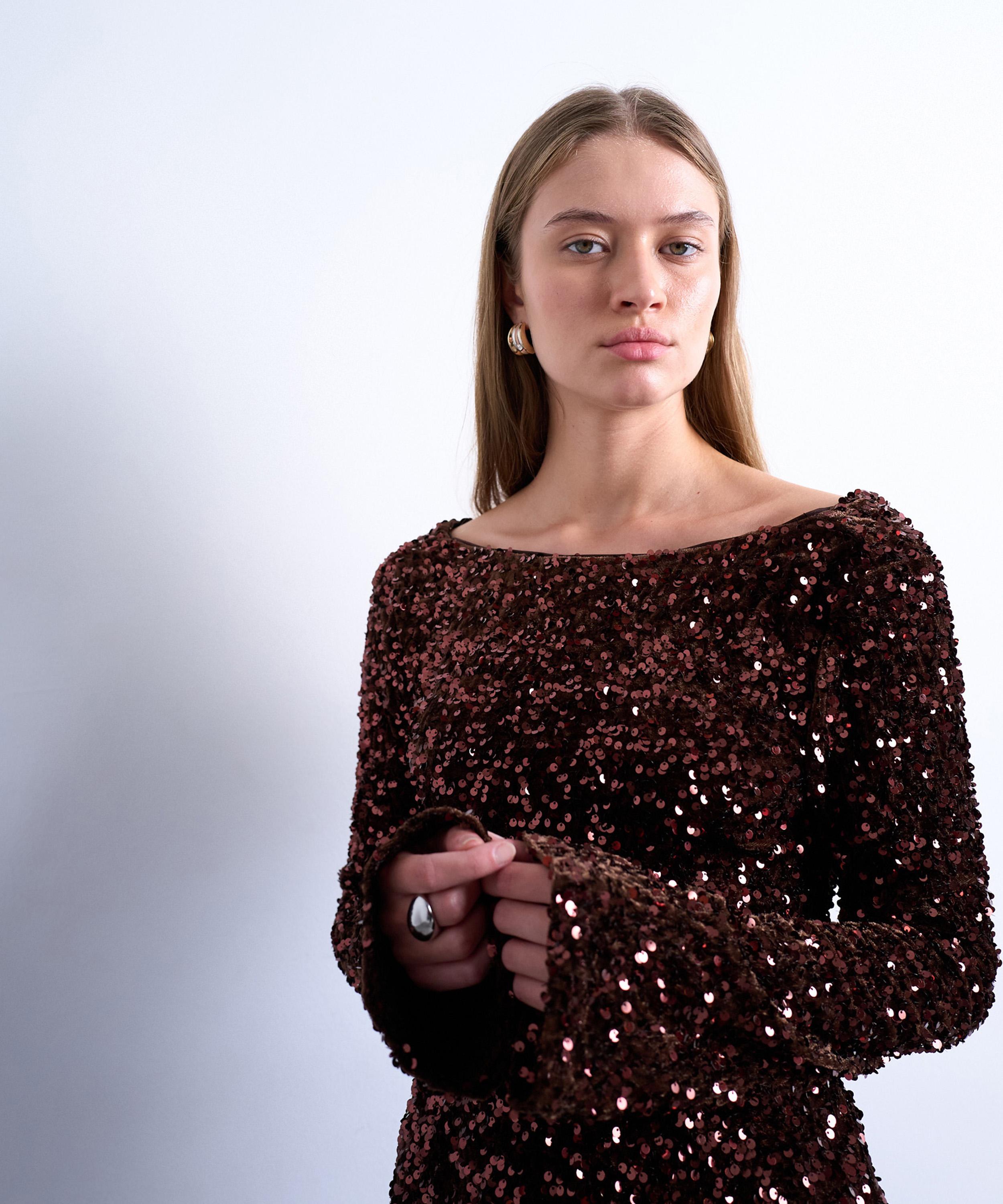 TOPSHOP - Long Sleeve Cowl Back Sequin Velvet Mini Dress image number 2