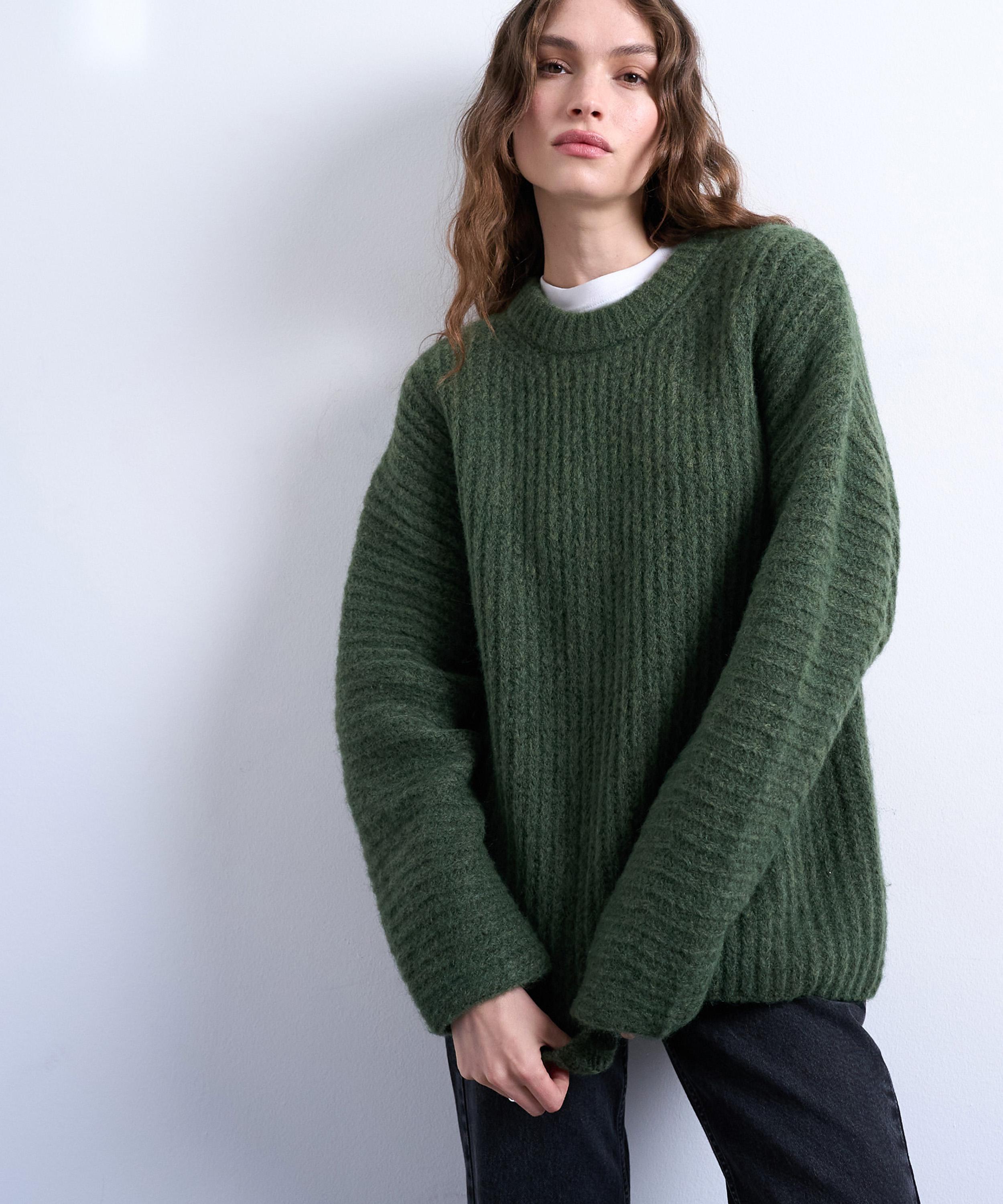 TOPSHOP - Green Knitted Oversized Ribbed Balloon Sleeve Jumper
