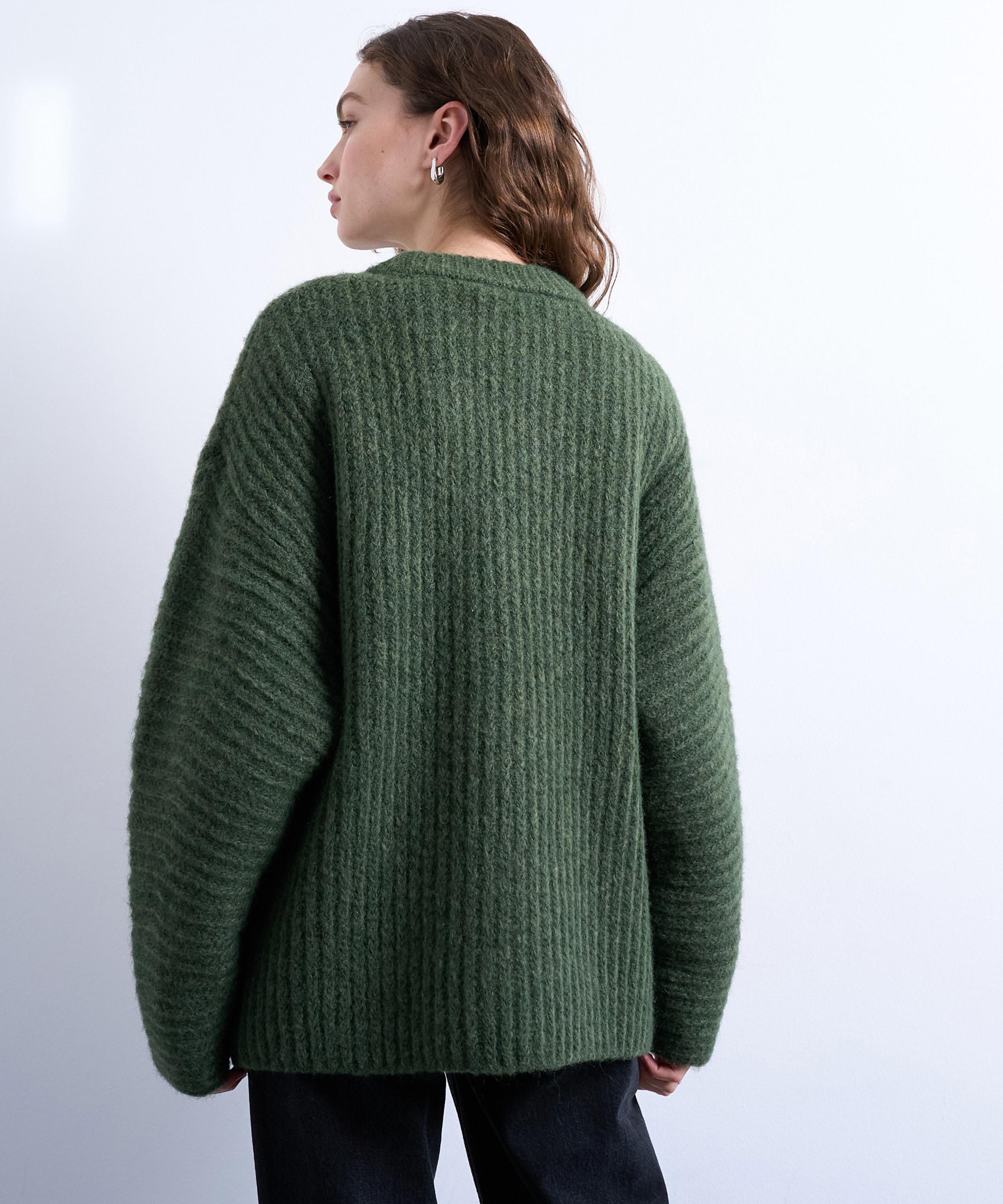 TOPSHOP - Green Knitted Oversized Ribbed Balloon Sleeve Jumper image number 3