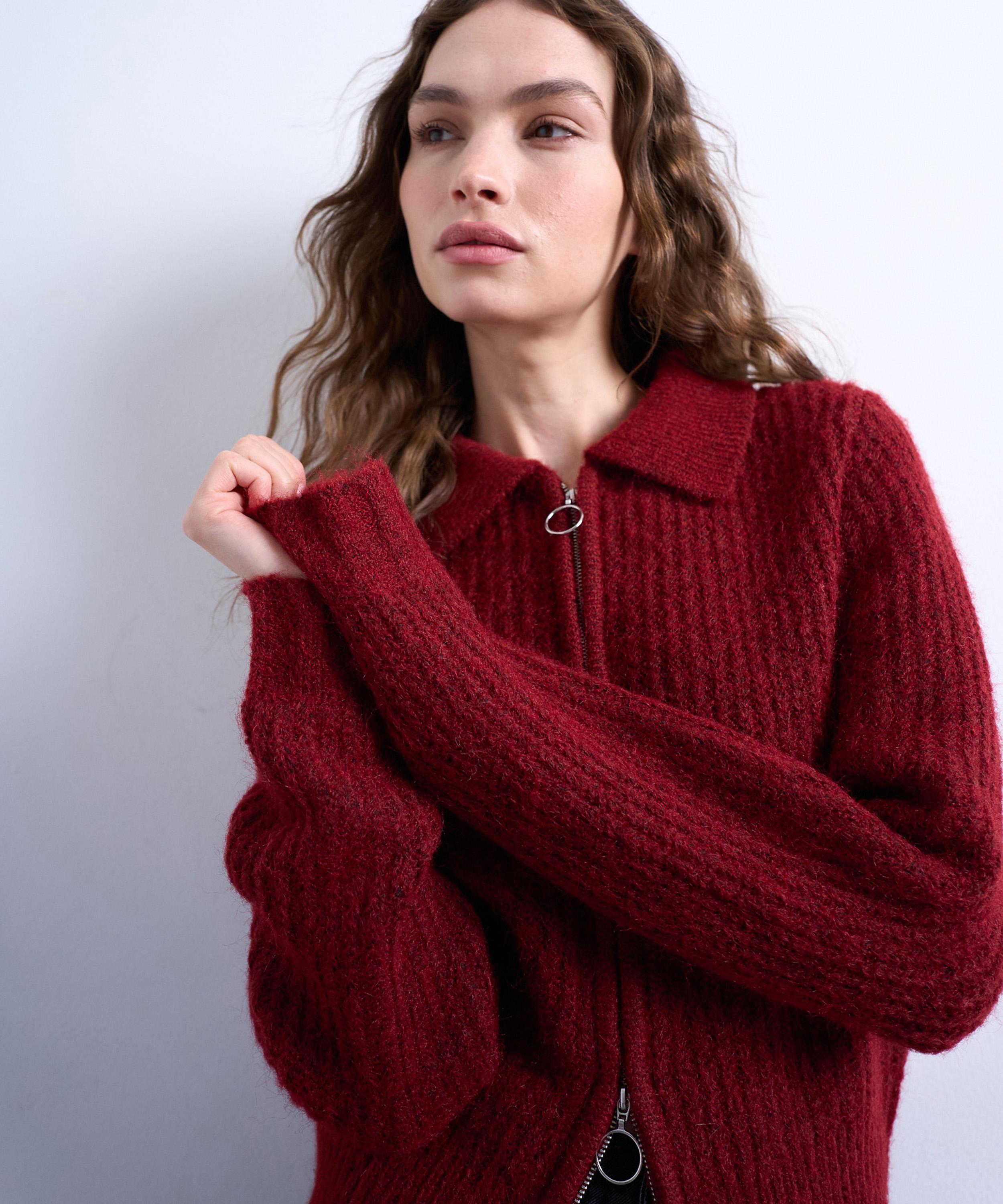 TOPSHOP - Red Knitted Collar Zip Ring Cardigan