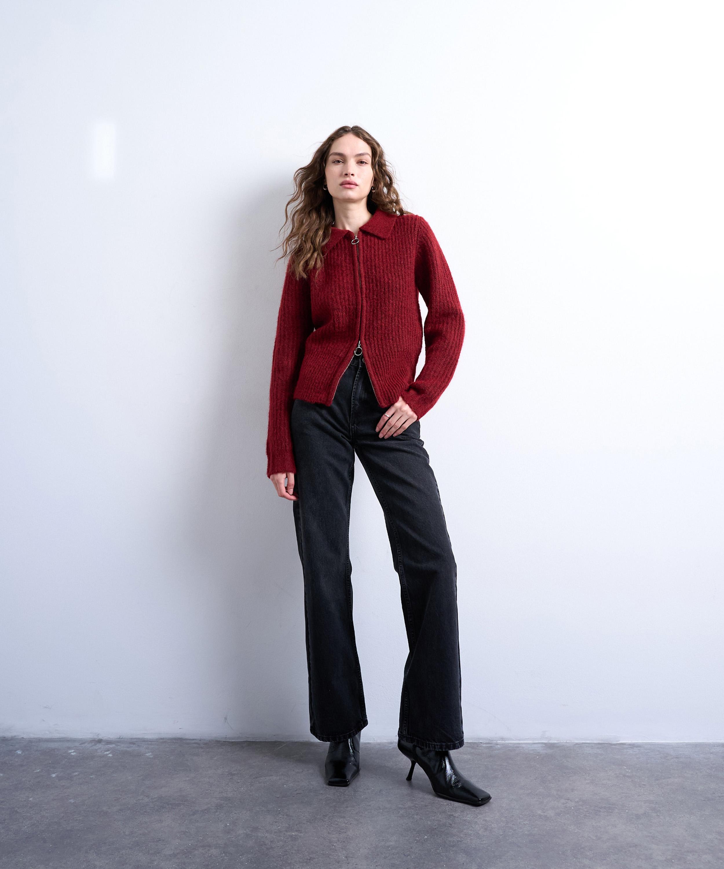 TOPSHOP - Red Knitted Collar Zip Ring Cardigan image number 1