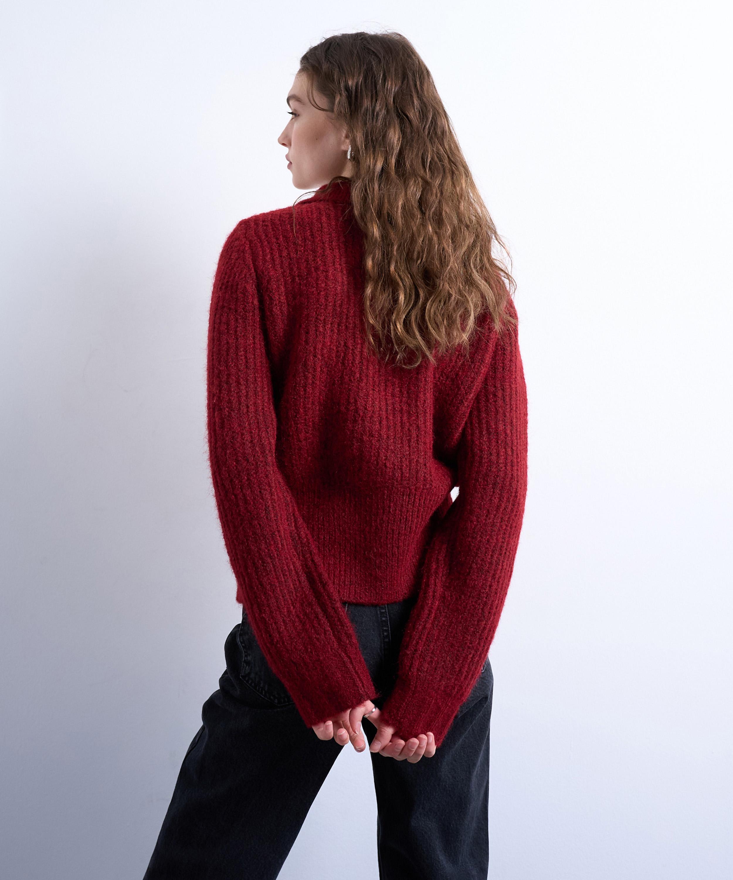 TOPSHOP - Red Knitted Collar Zip Ring Cardigan image number 3