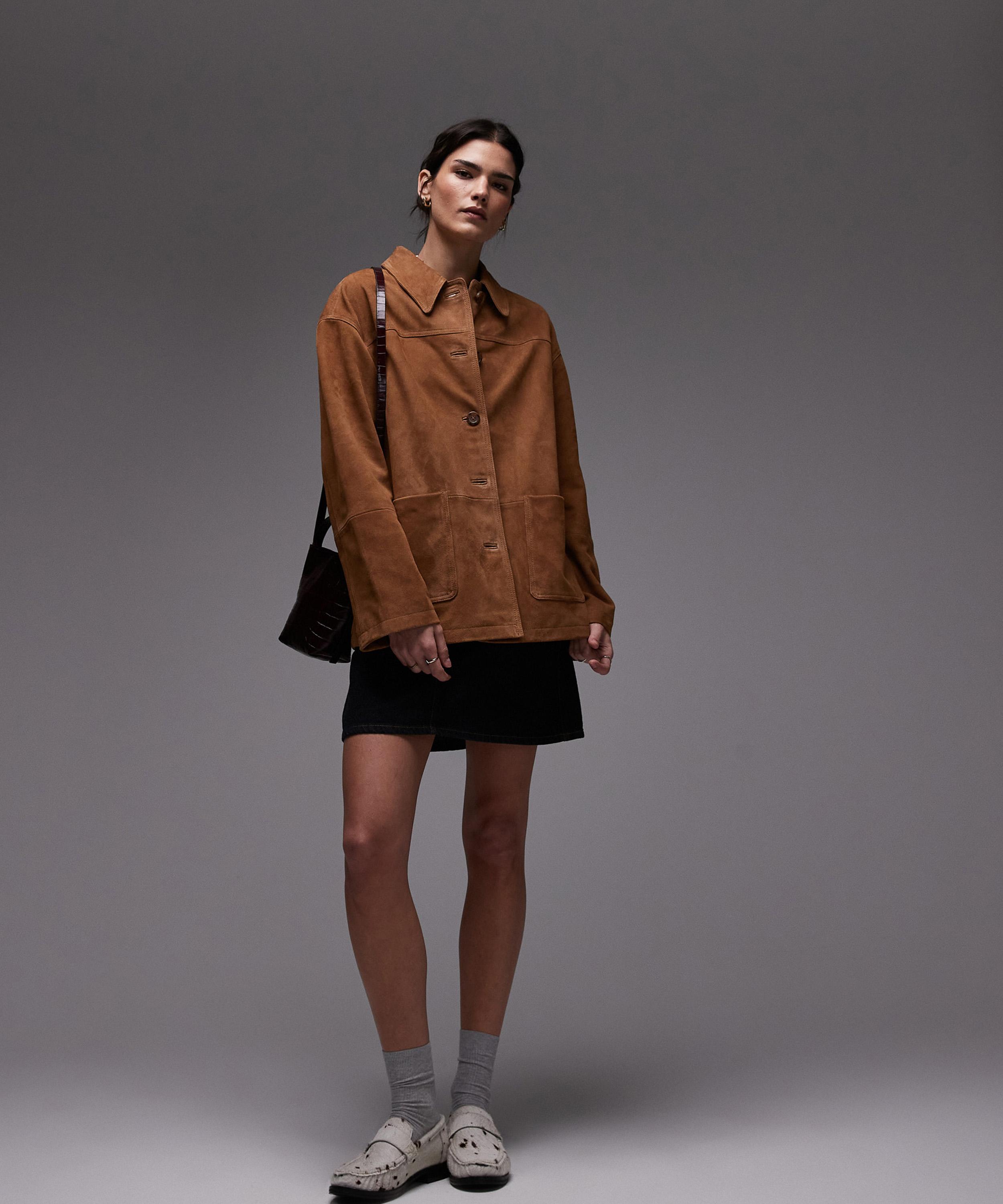 TOPSHOP - Premium Real Suede Patch Pocket Boxy Jacket image number 1