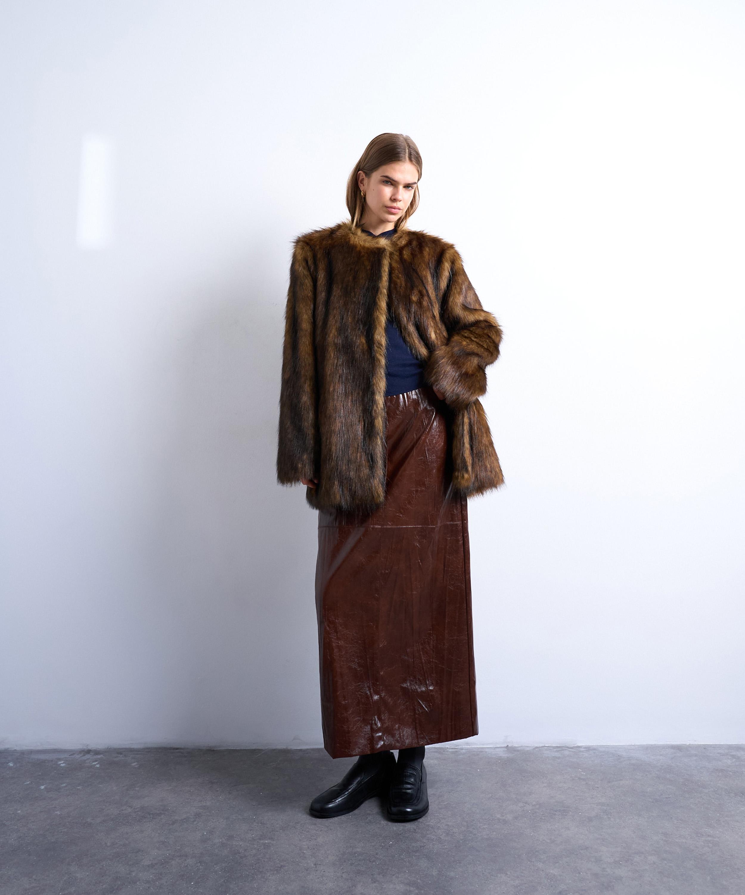 TOPSHOP - Faux Fur Collarless Mid Length Coat image number 1