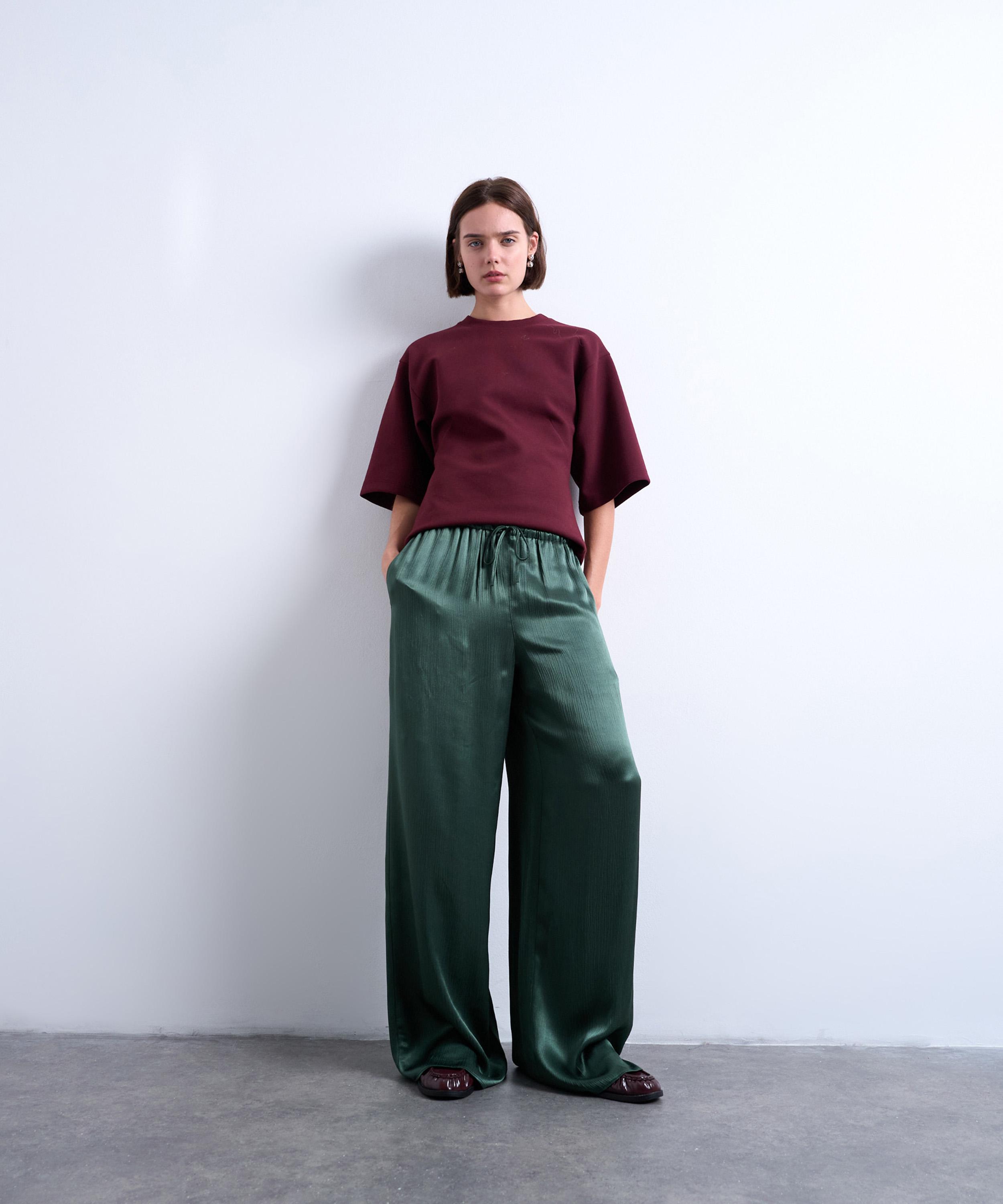 TOPSHOP - Green Crinkle Satin Wide Leg Trousers image number 1
