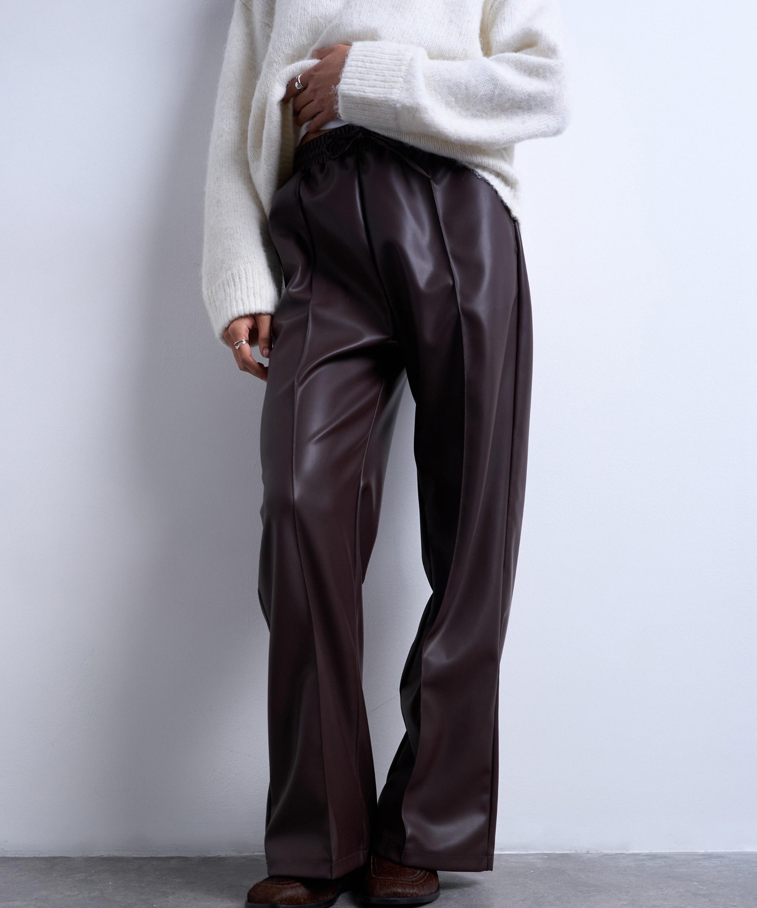 TOPSHOP - Chocolate Brown Faux Leather Wide Leg Joggers with Pinseam Detail