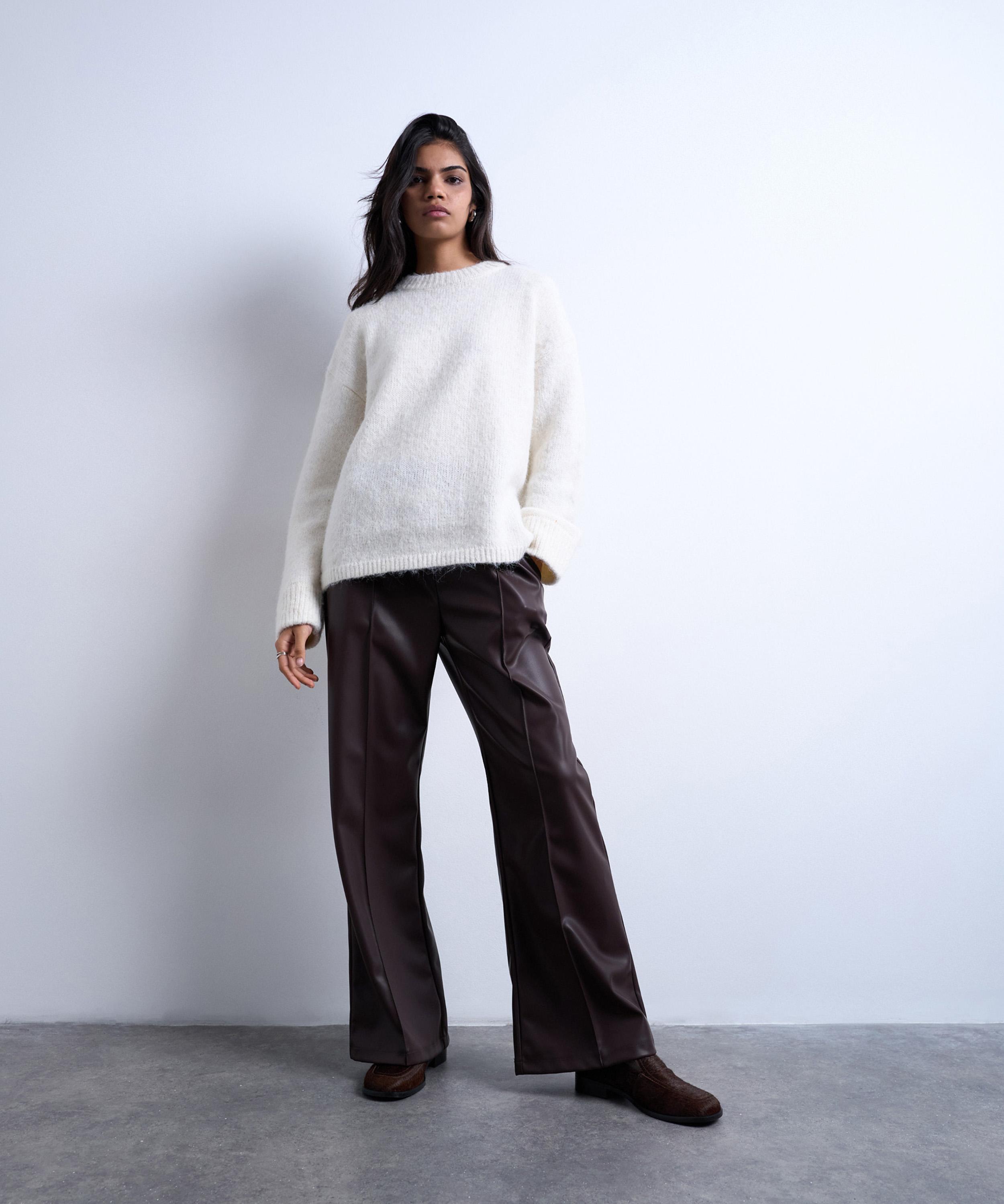 TOPSHOP - Chocolate Brown Faux Leather Wide Leg Joggers with Pinseam Detail image number 1