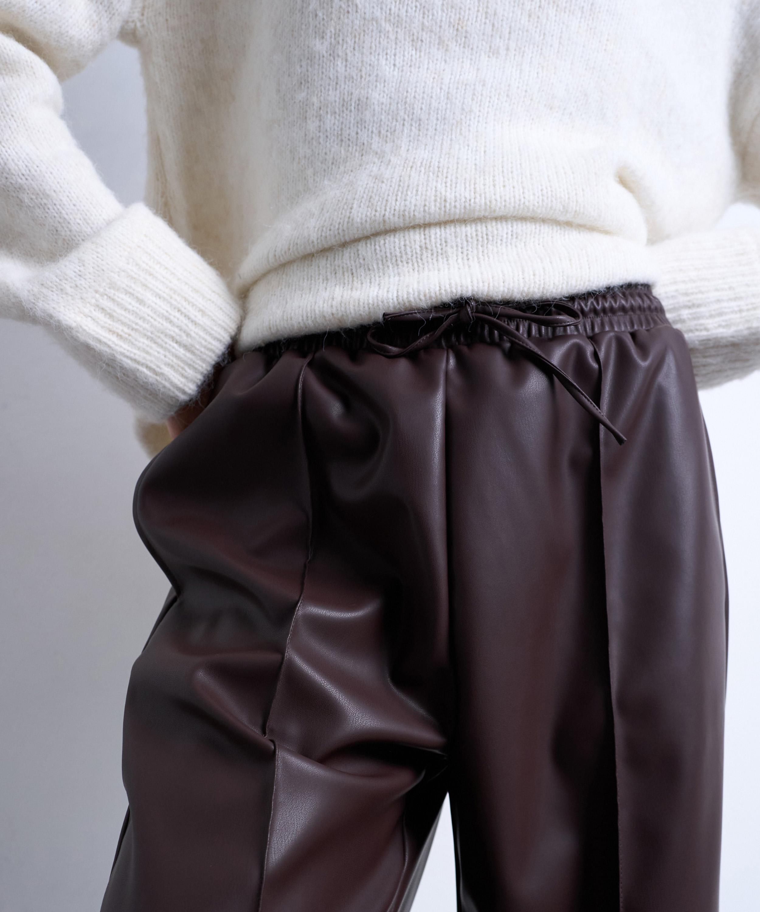 TOPSHOP - Chocolate Brown Faux Leather Wide Leg Joggers with Pinseam Detail image number 2