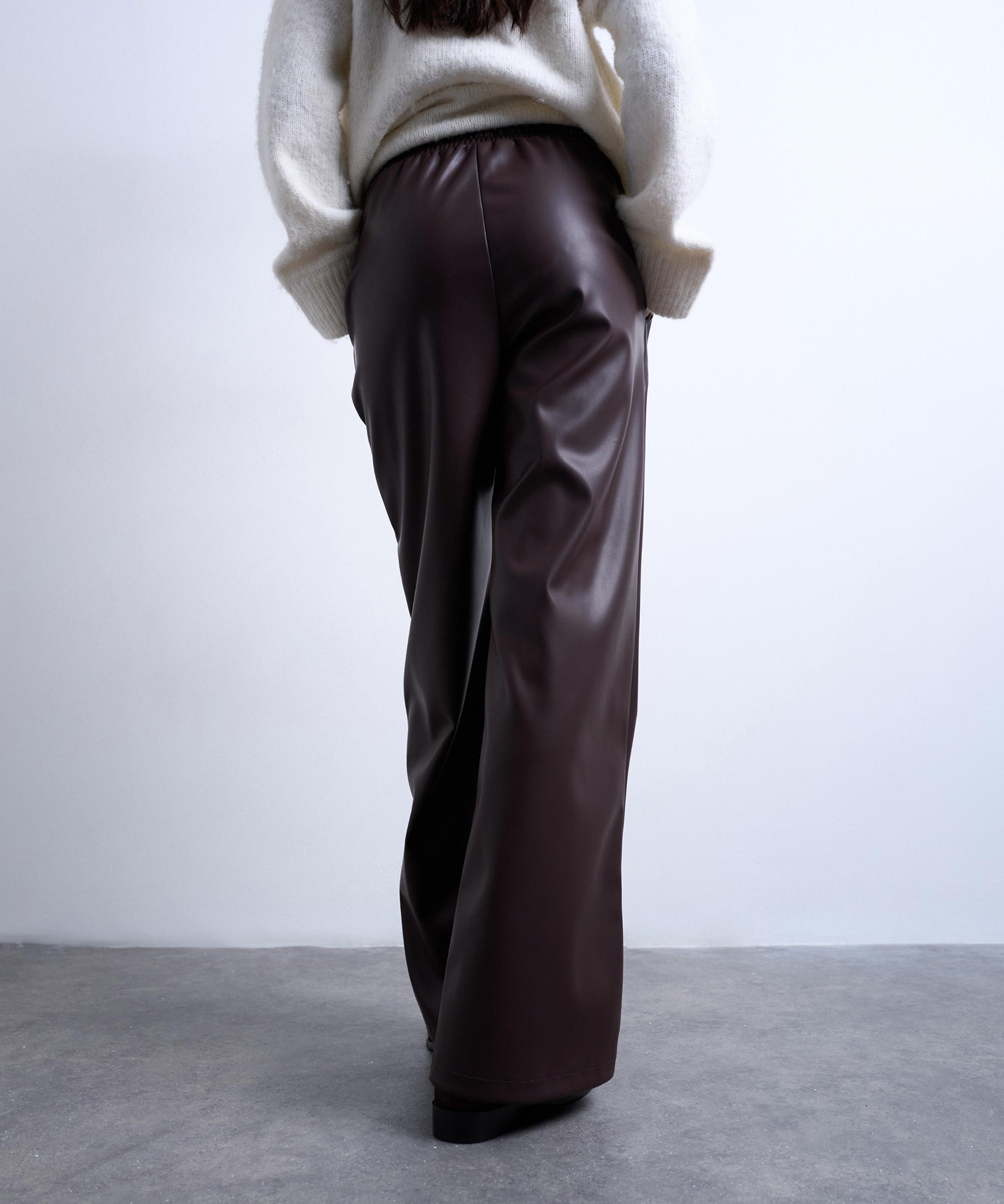 TOPSHOP - Chocolate Brown Faux Leather Wide Leg Joggers with Pinseam Detail image number 4