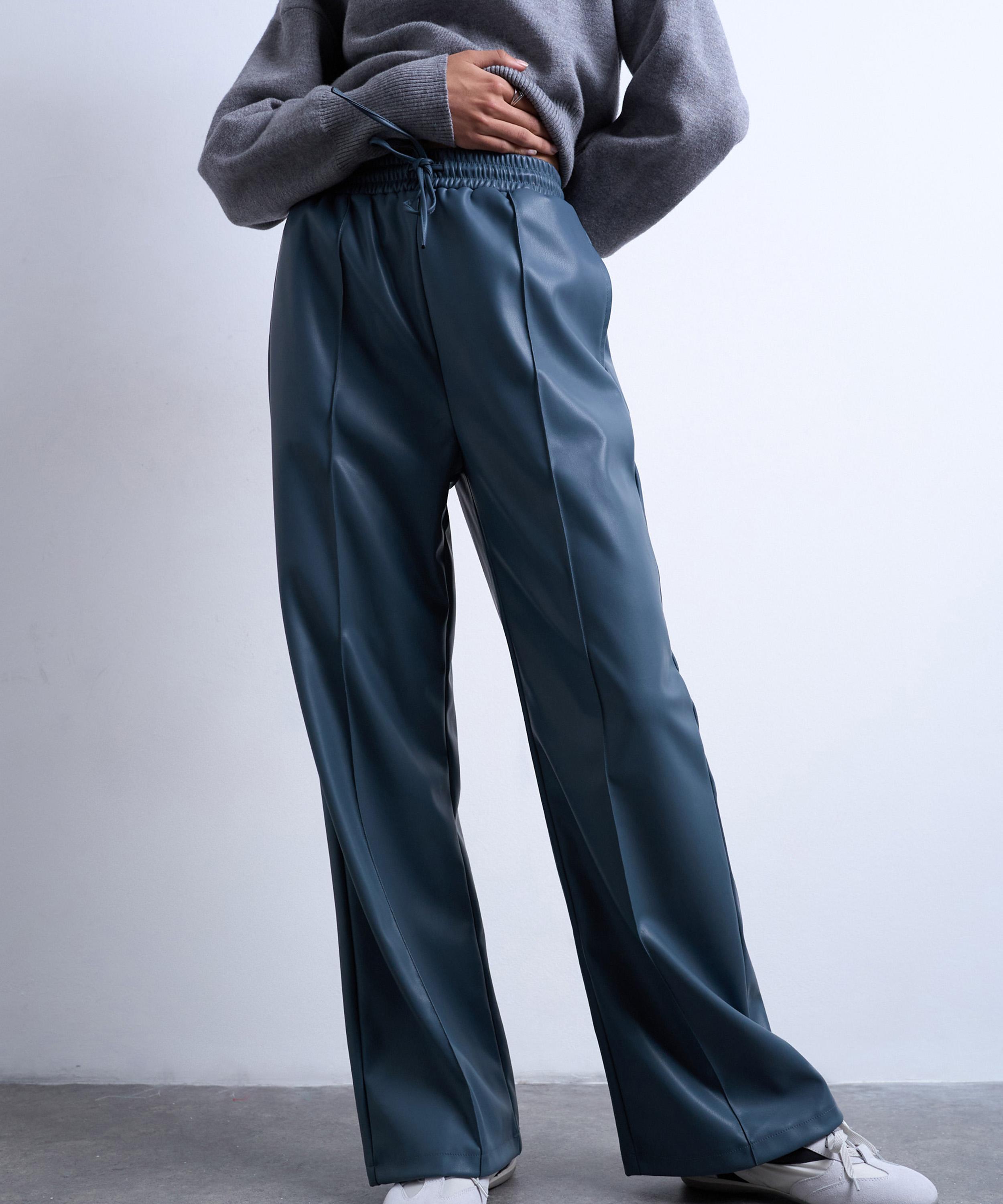 TOPSHOP - Blue Faux leather Wide Leg Joggers with Pinseam Details