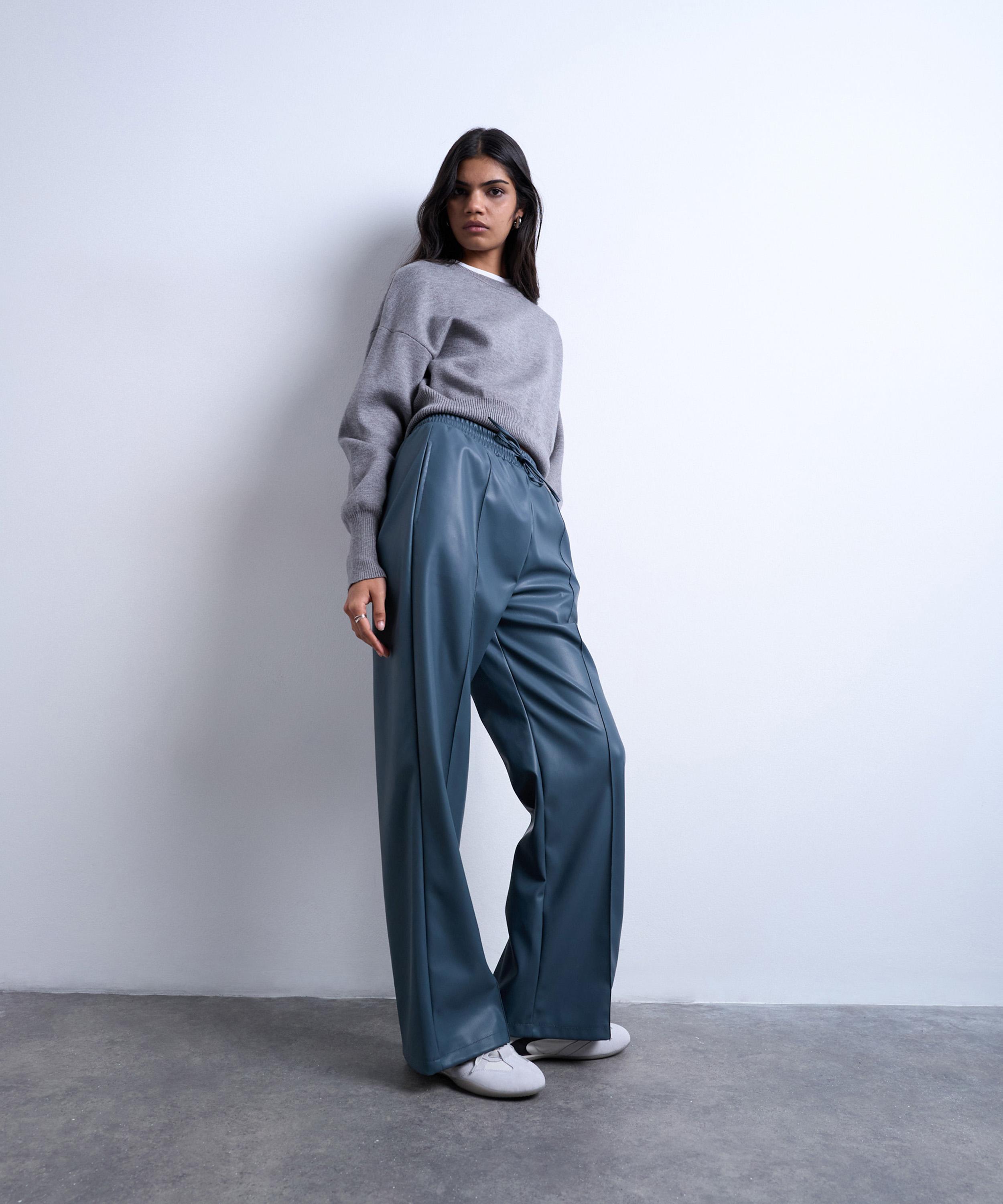 TOPSHOP - Blue Faux leather Wide Leg Joggers with Pinseam Details image number 1