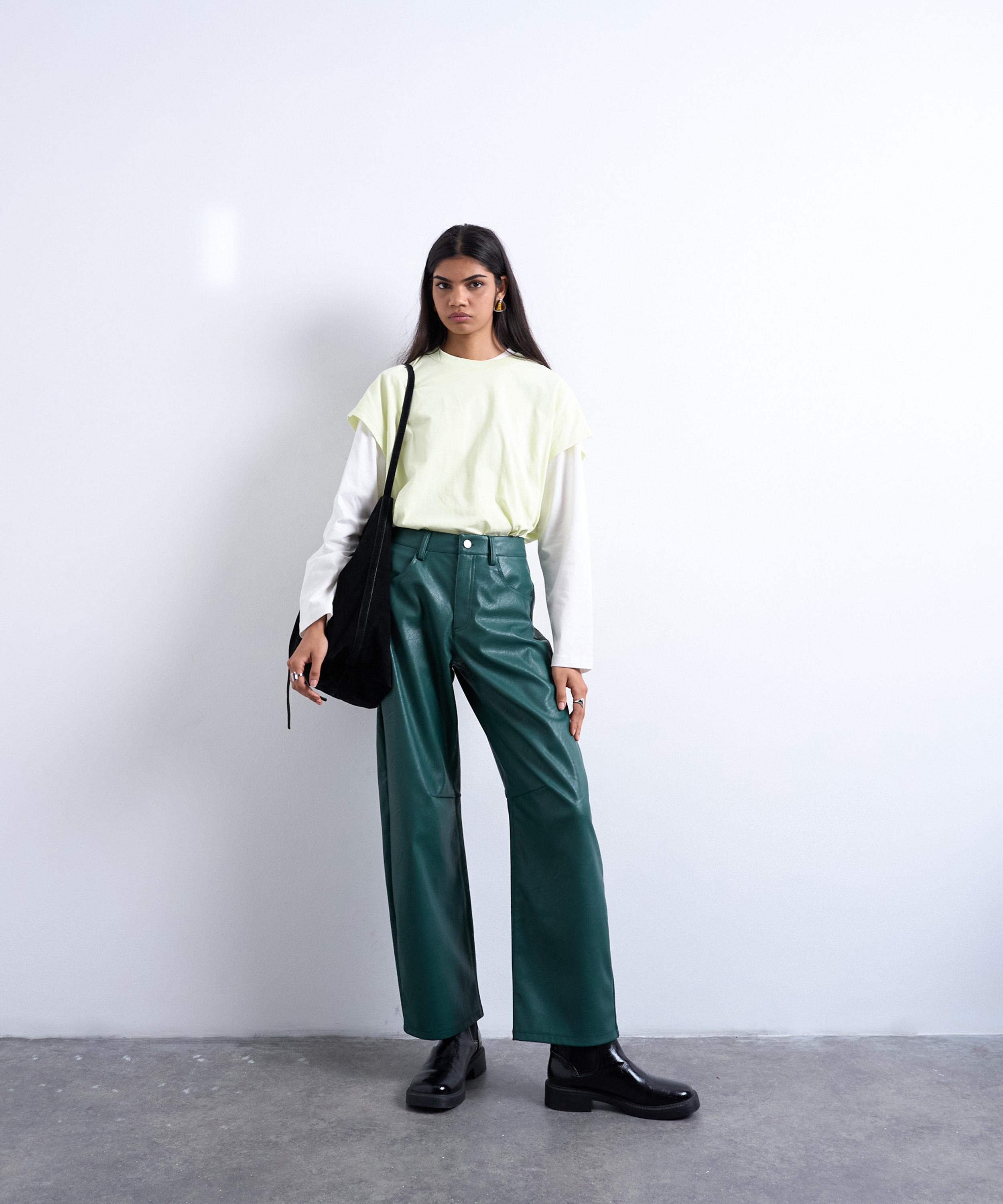 TOPSHOP - Teal Faux Leather Barrel Leg Trousers image number 1