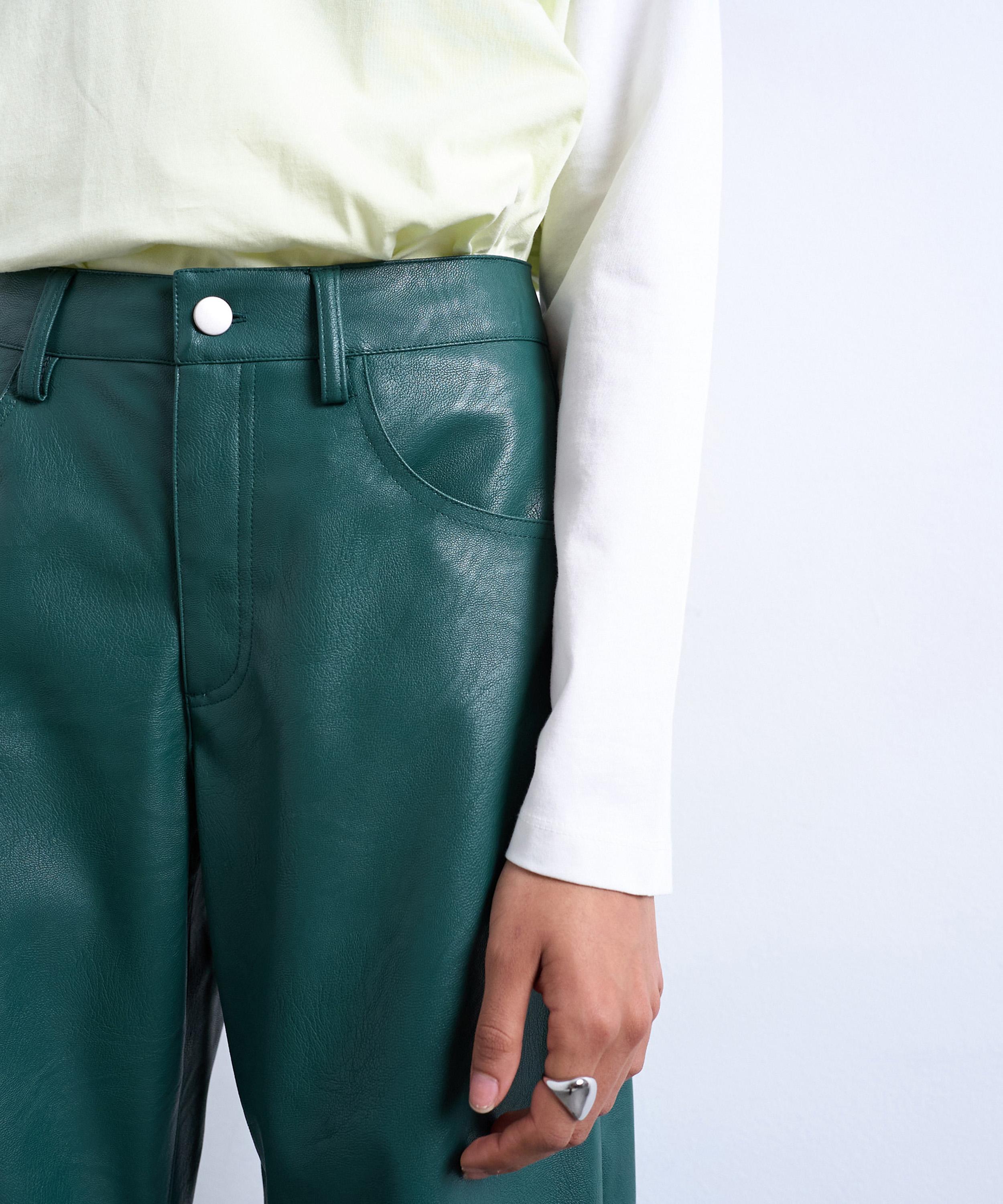 TOPSHOP - Teal Faux Leather Barrel Leg Trousers image number 2